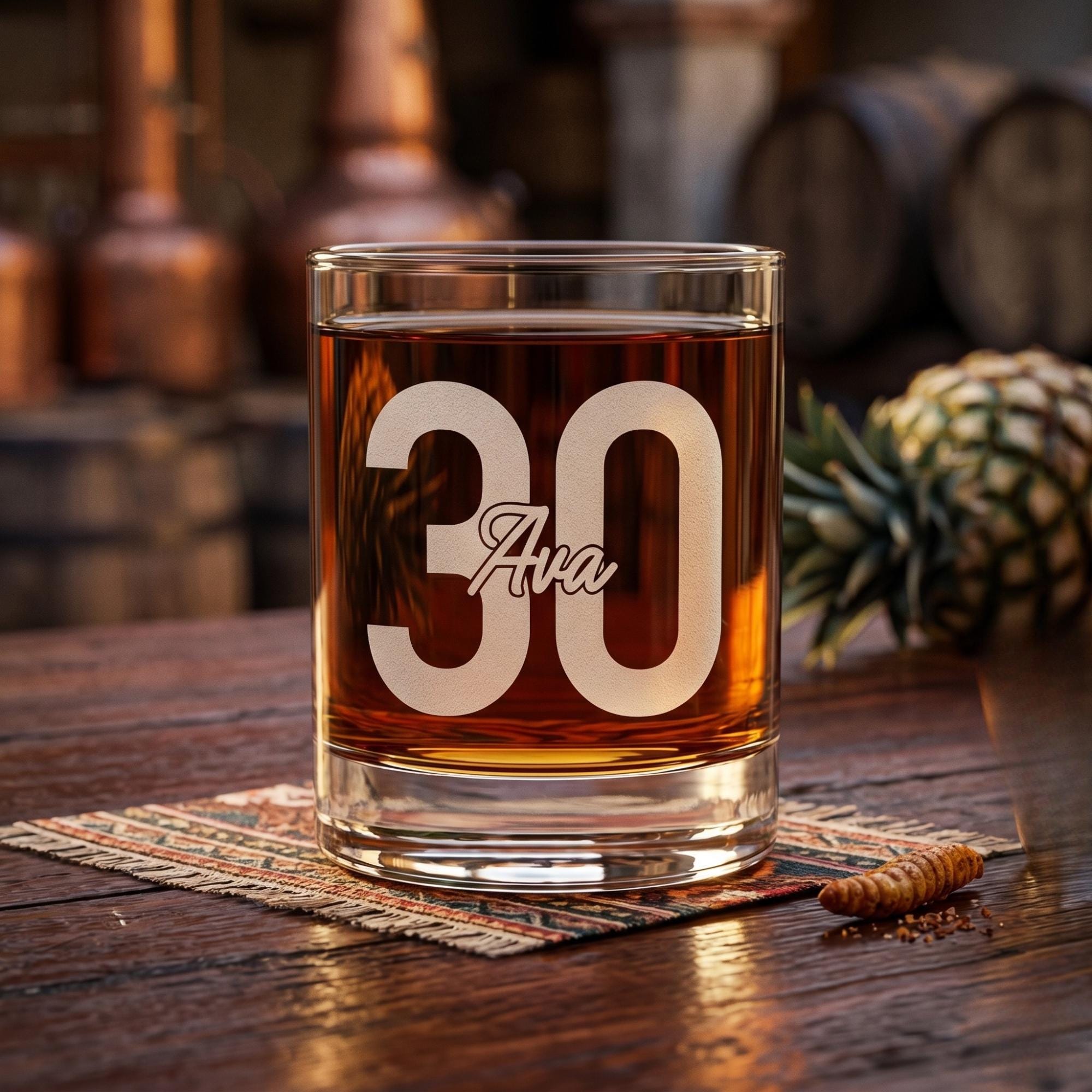 Glass of whiskey with '30 Ava' engraving on a wooden table with barrels and a pineapple in the background.