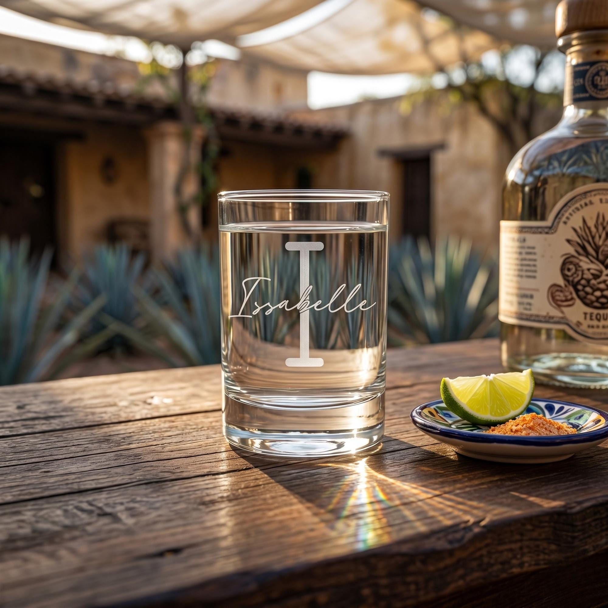 Clear glass with engraved name on a wooden table outdoors, next to a bottle of tequila and a lime.