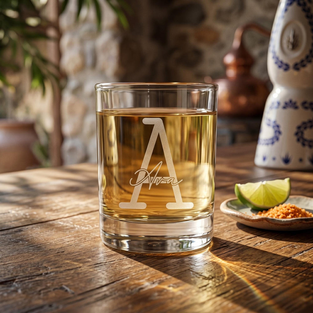 Clear glass with a logo on a wooden table with a blurred background