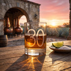 Glass of alcohol with '30' and 'Ava' on a wooden table with sunset background