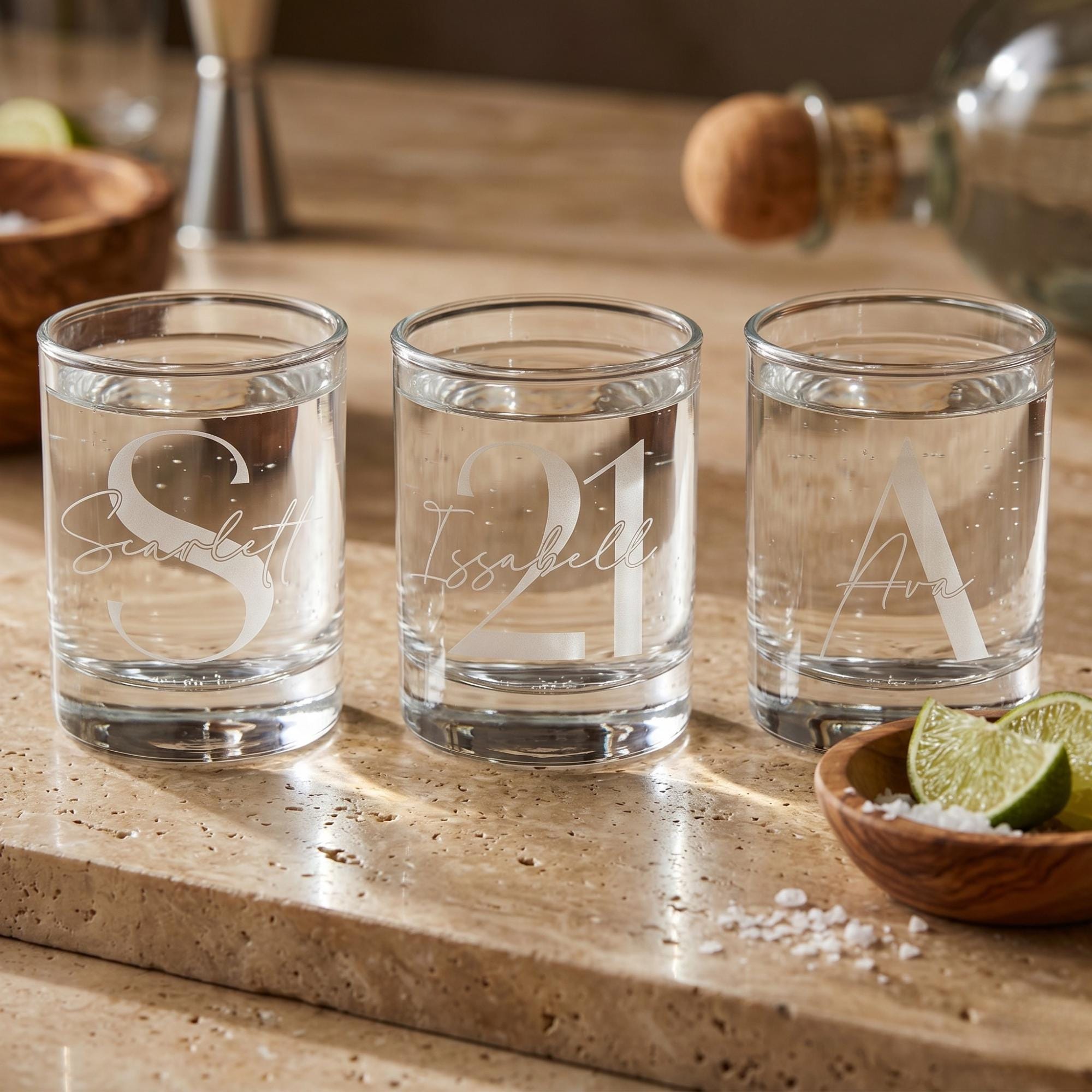 Three shot glasses with engraved initials on a wooden surface with limes and a salt cellar.