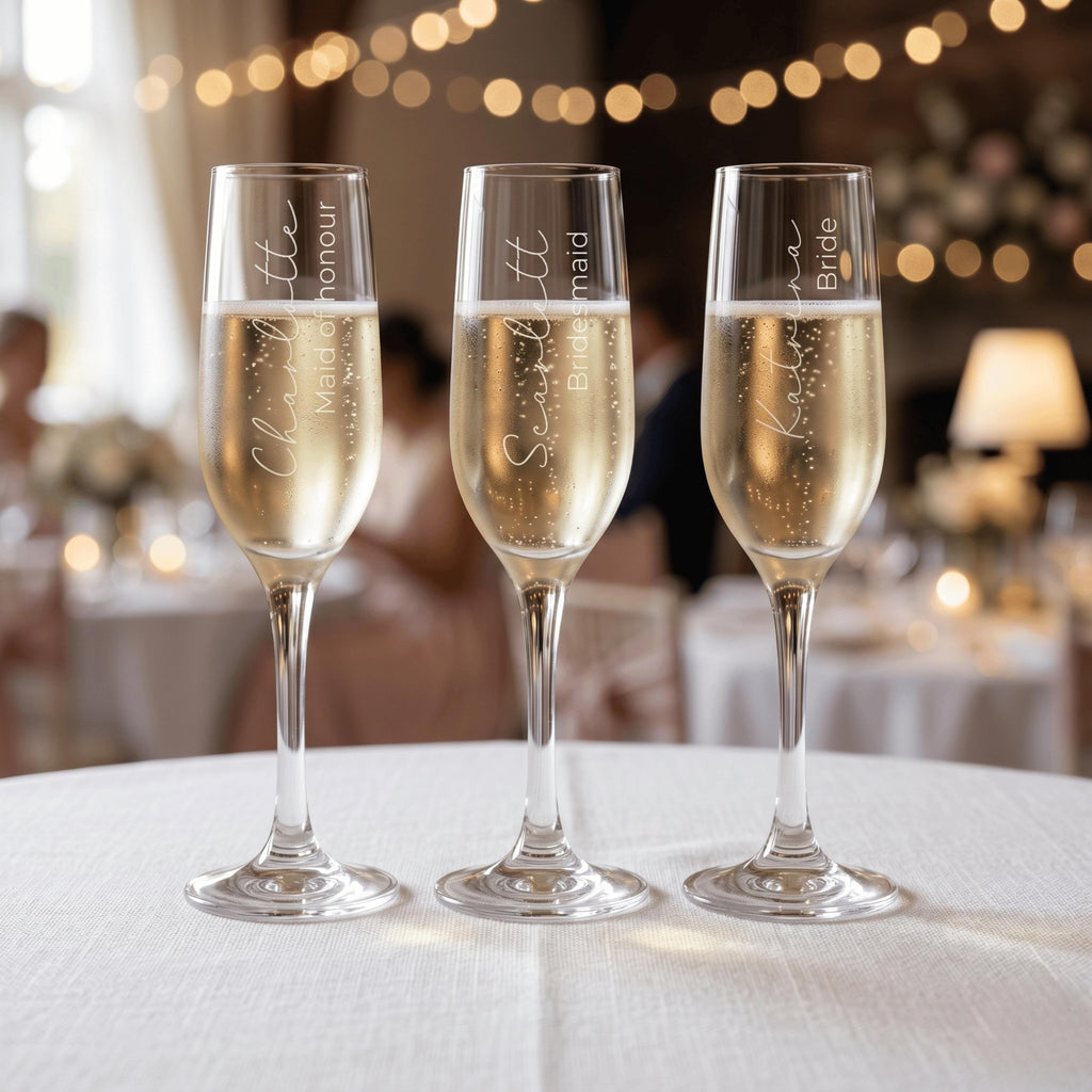 Three champagne glasses with personalised inscriptions on a table with blurred background