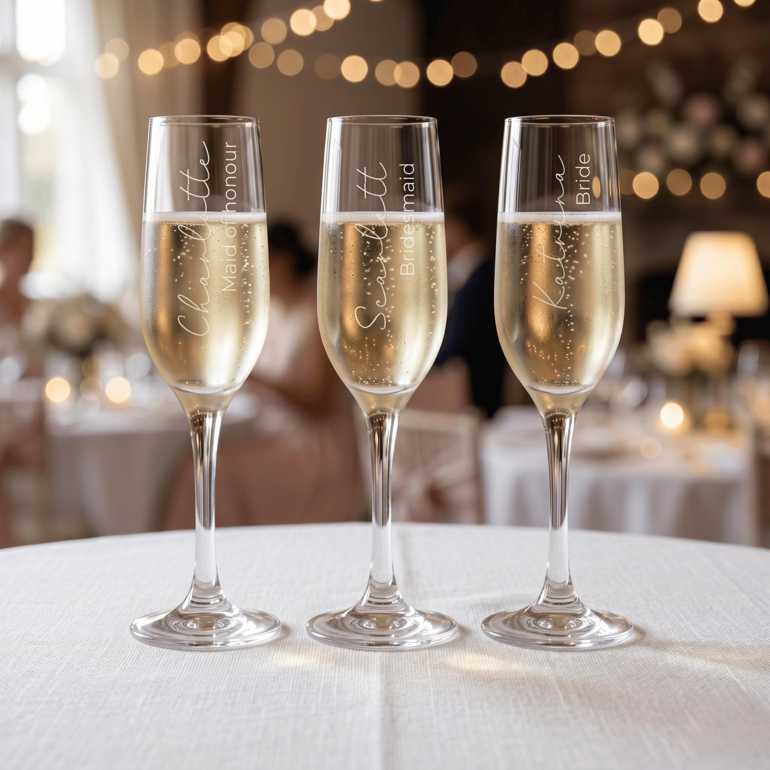 Three champagne glasses with personalised inscriptions on a table with blurred background