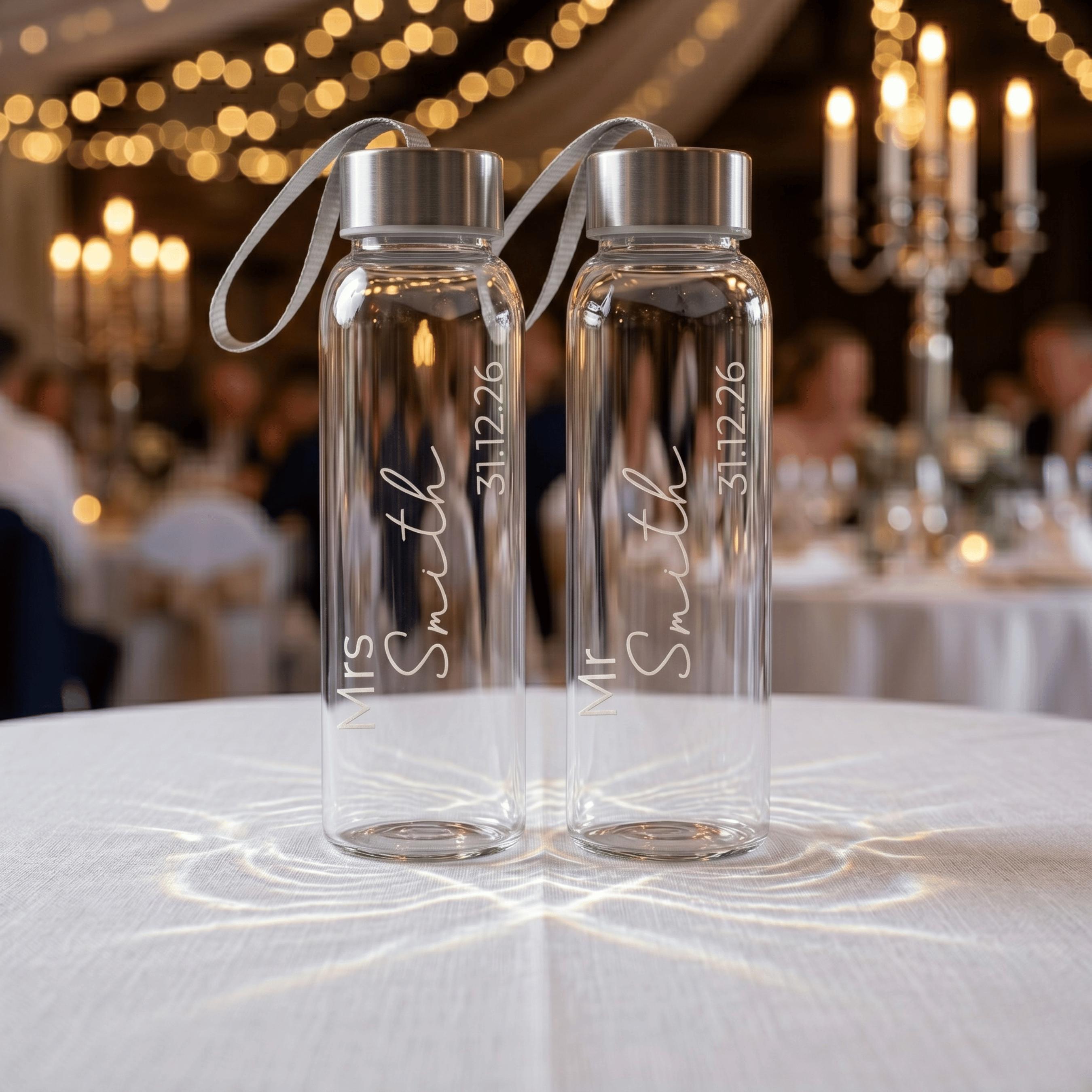A pair of personalised glass water bottles engraved with "Mr Smith" and "Mrs Smith" and their wedding date 31.12.26. These custom-made drink bottles are displayed on a white tablecloth at a wedding reception with elegant warm bokeh lighting.