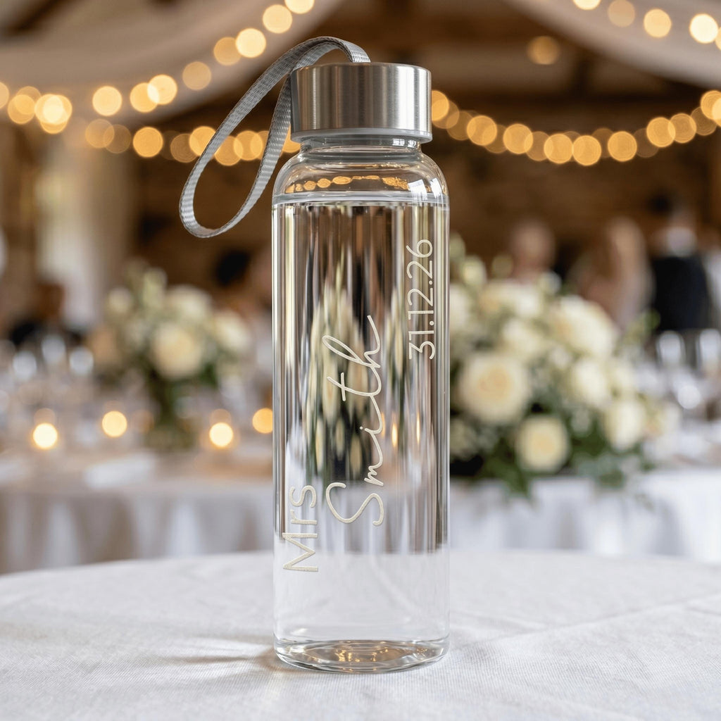 Personalised "Mrs Smith" glass drink bottle with engraved wedding date 31.12.26. A stylish and reusable wedding favour or bride gift, pictured on a table at a beautifully decorated reception venue.