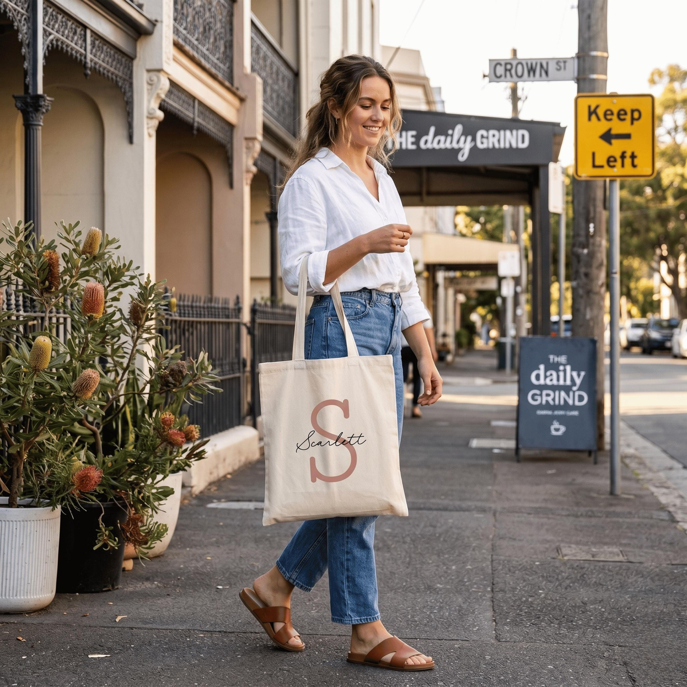 A woman strolling down a city pavement , carrying a cream-coloured personalised canvas tote bag. The bag is customised with a large tan letter 'S' and the name 'Scarlett', representing a high-quality, personalised Australian accessory.