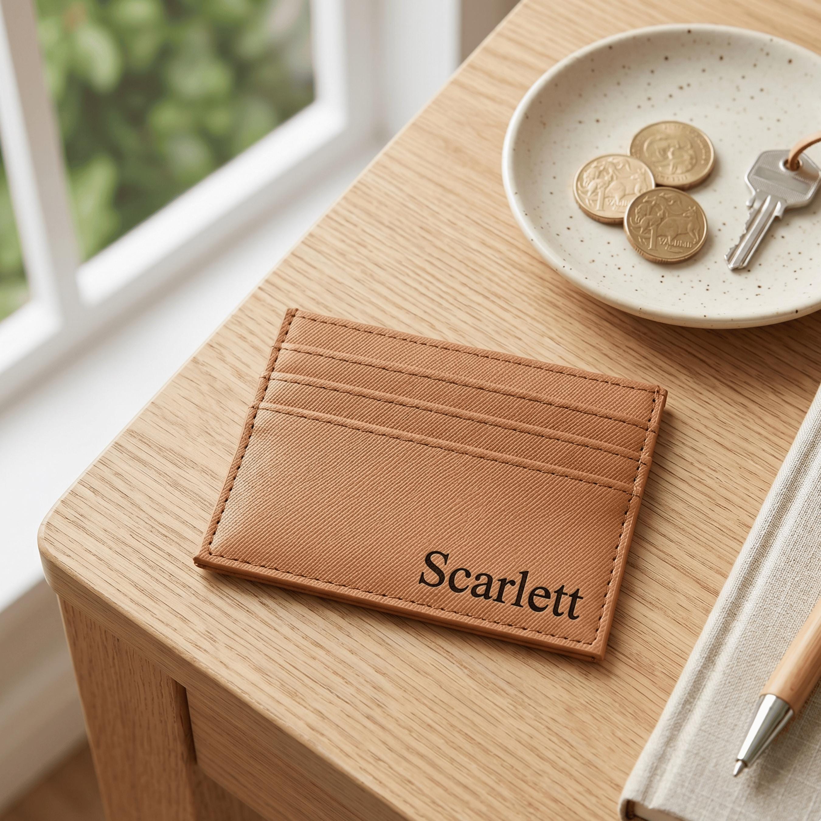 Personalised tan vegan leather card holder with the name "Scarlett" in black serif font, resting on a wooden desk next to Australian coins and keys.