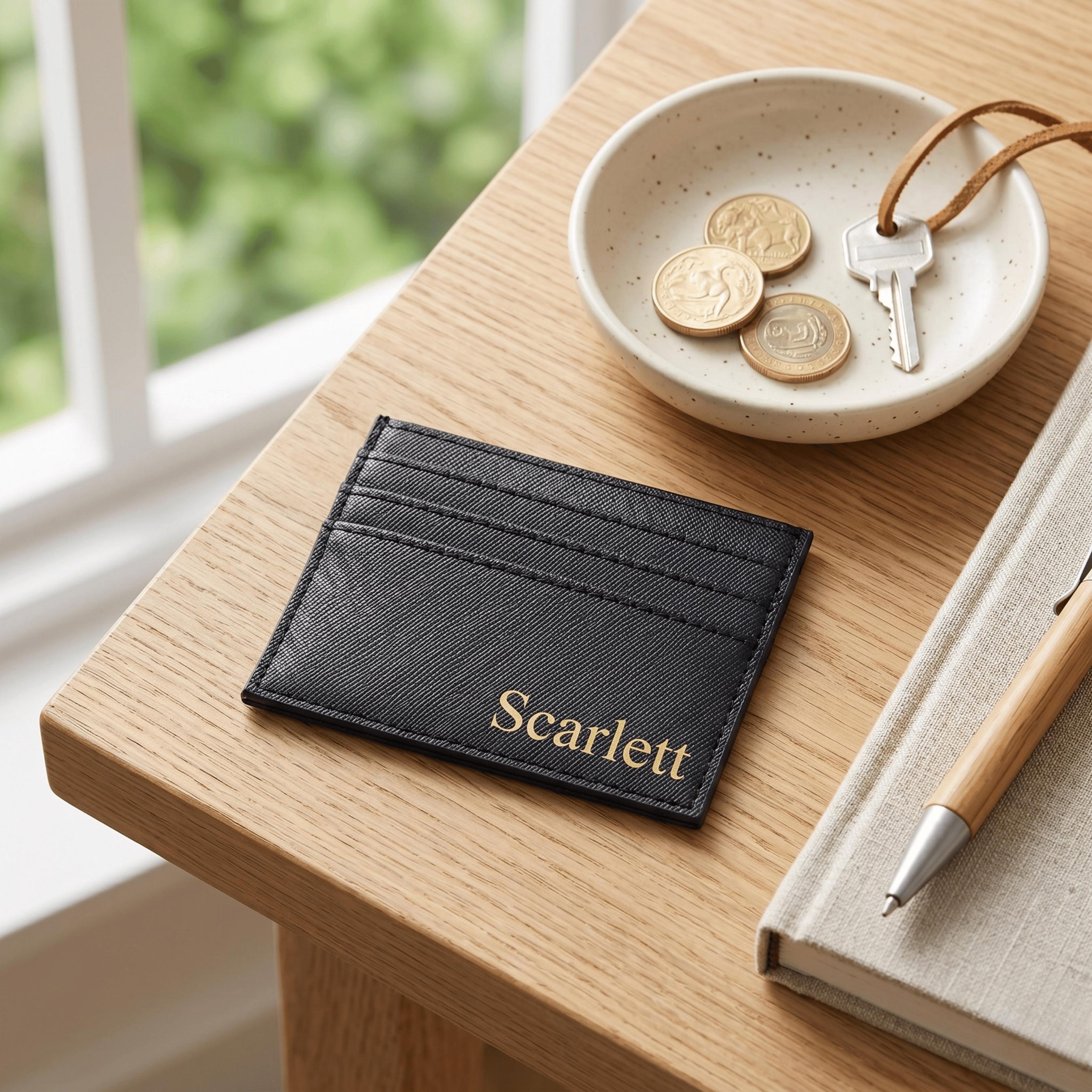 Personalised black vegan leather card holder with the name "Scarlett" in elegant gold serif font, displayed on a wooden desk with coins.
