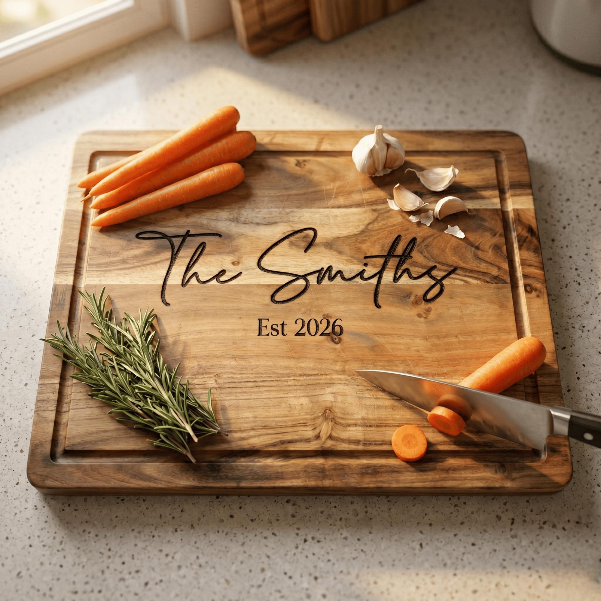 Wooden cutting board with 'The Smiths Est 2026' engraving, carrots, garlic, and a knife on a kitchen counter.