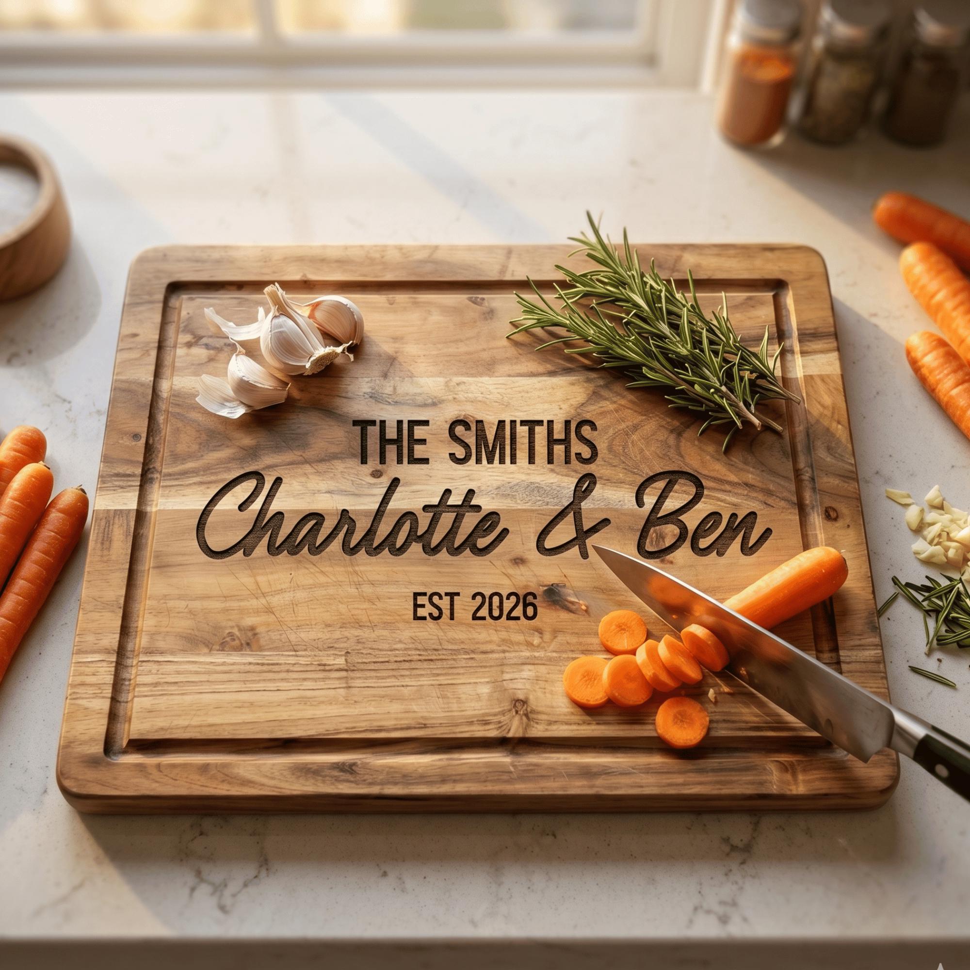 Wooden cutting board with engraved names and date, surrounded by carrots and kitchen items.