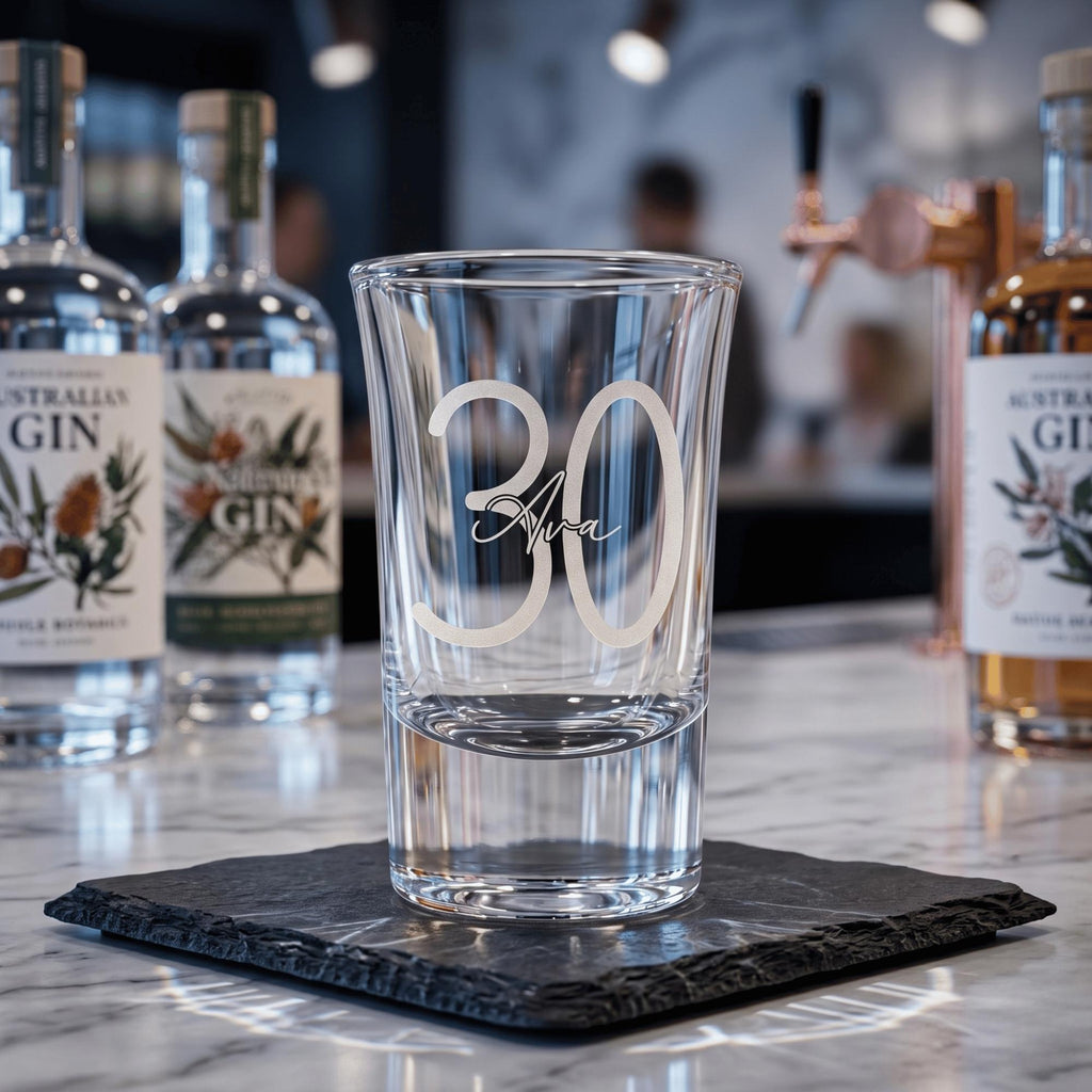 Personalised 25ml engraved shot glass bespoke birthday milestone keepsake custom drinkware for Australian 21st celebrations