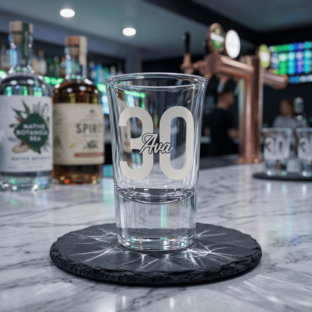 Personalised engraved 25ml shot glass bespoke milestone keepsake premium drinkware for Australian birthdays