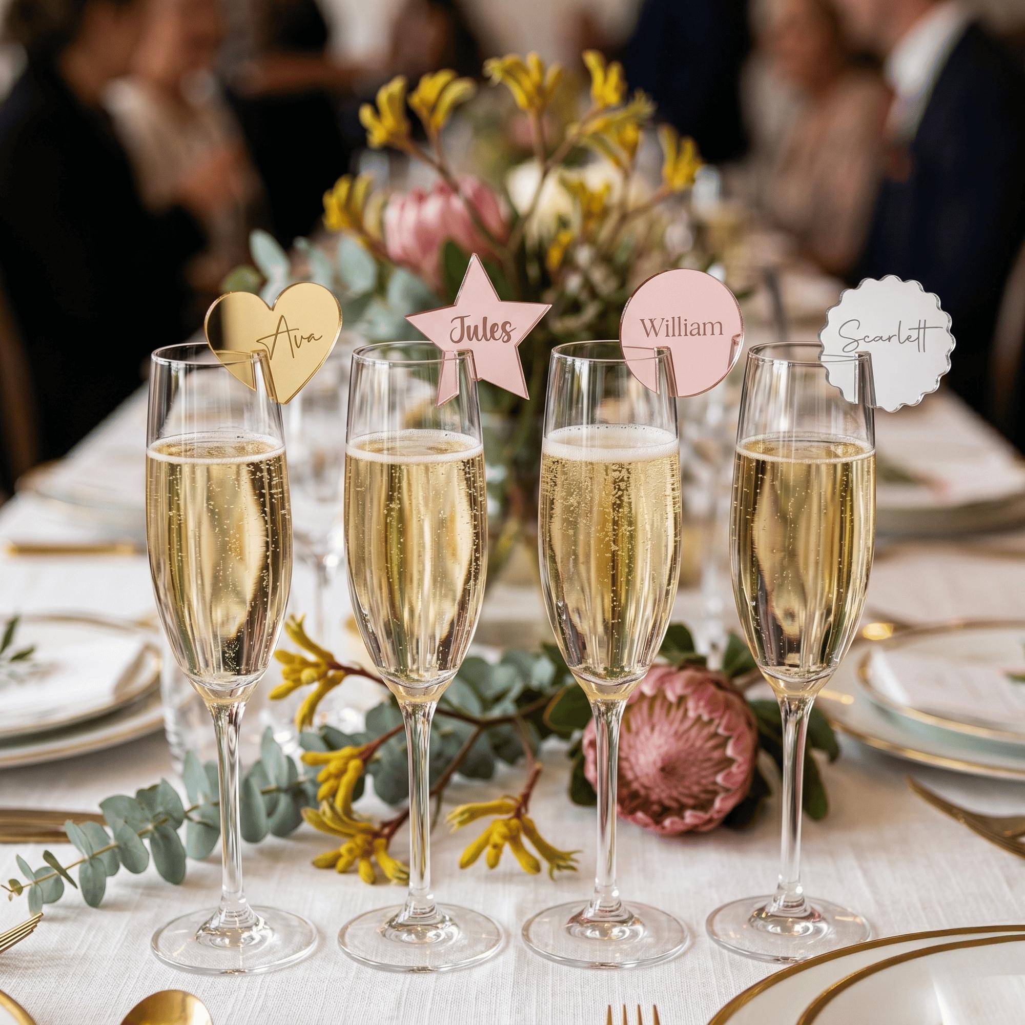 Champagne Rim Tags Custom Glass Markers Mirror Acrylic Wedding Birthday Celebration