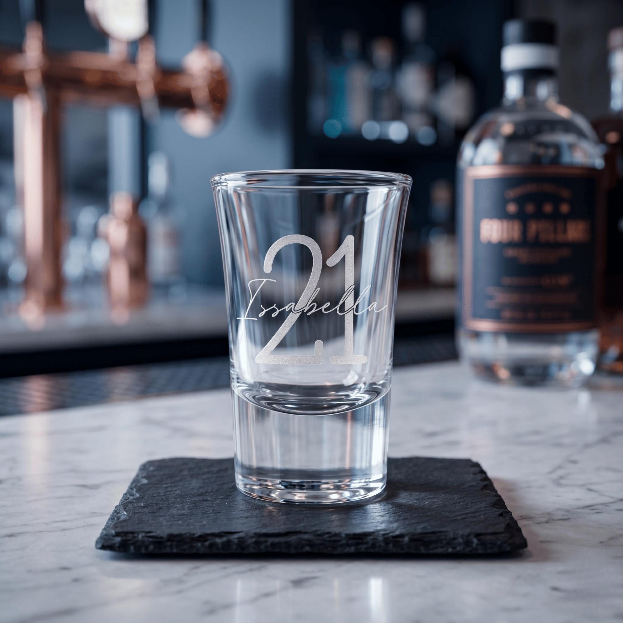 Personalised 25ml engraved shot glass bespoke birthday milestone keepsake custom drinkware for Australian 21st celebrations