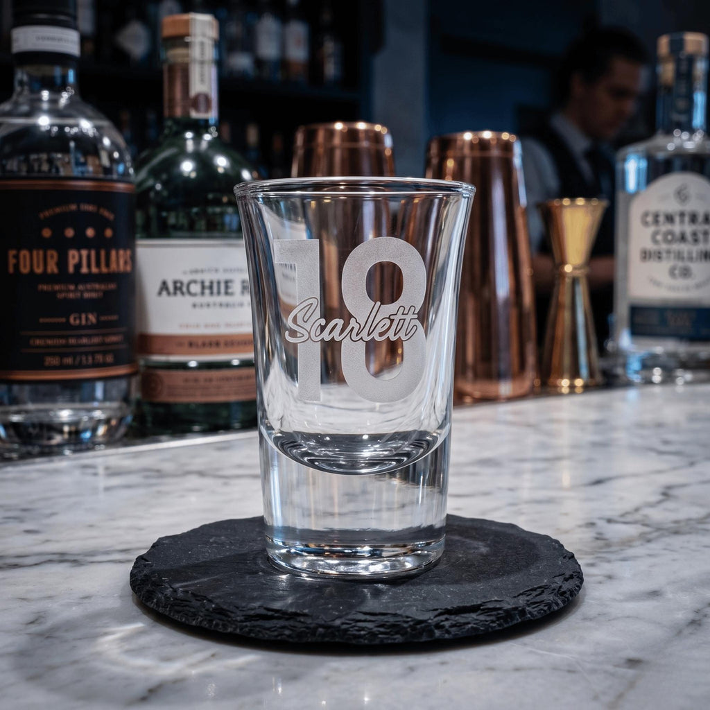 Personalised engraved 25ml shot glass bespoke milestone keepsake premium drinkware for Australian birthdays