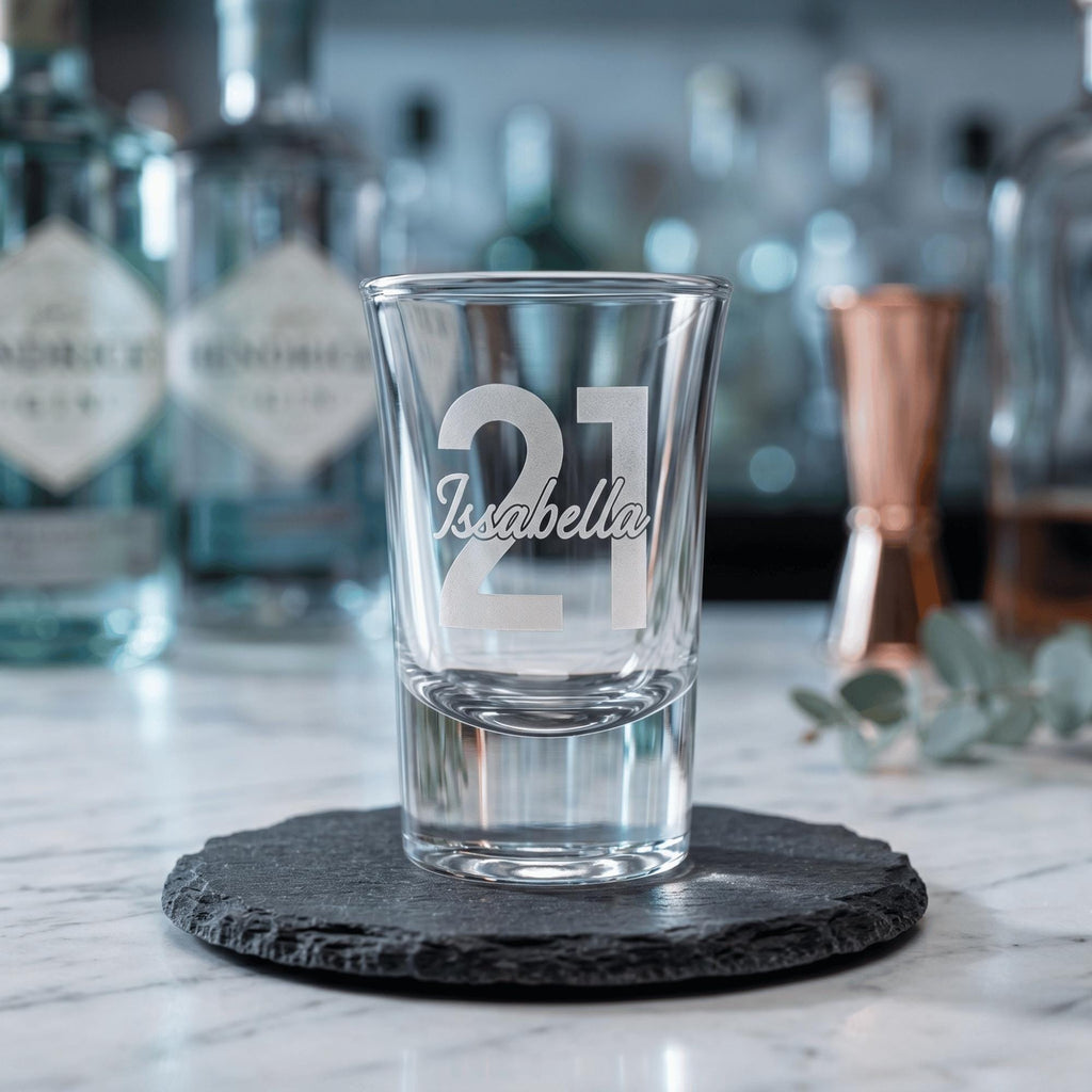 Personalised engraved 25ml shot glass bespoke milestone keepsake premium drinkware for Australian birthdays