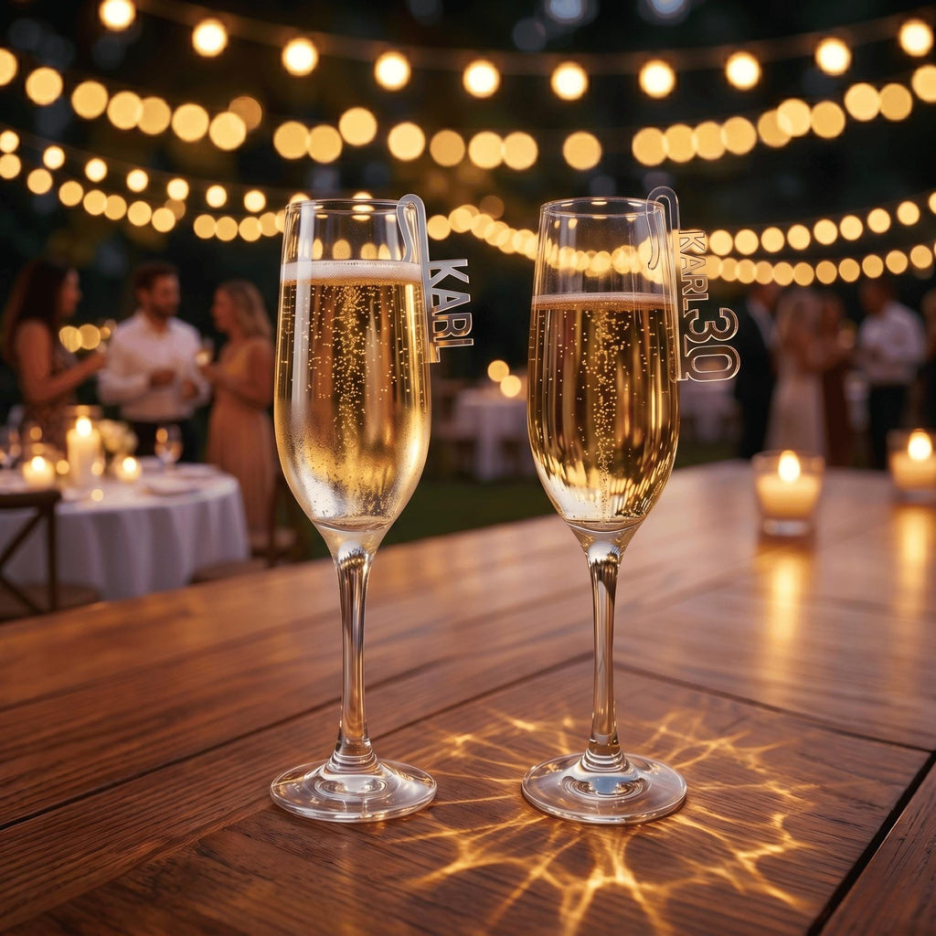 Laser Cut Name Tags Champagne Glass Markers Custom Acrylic Glitter Gloss Mirror Wedding Birthday Australia