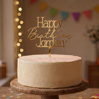 Bespoke Happy Birthday Jordan gold mirror acrylic cake topper showing classic serif lettering.