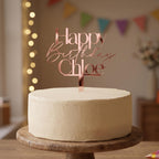 Personalised Happy Birthday Chloe rose gold mirror acrylic cake topper in modern sans and fluid script font.