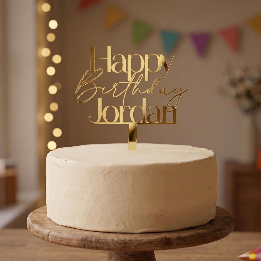 Bespoke Happy Birthday Jordan gold mirror acrylic cake topper showing fine script lettering.