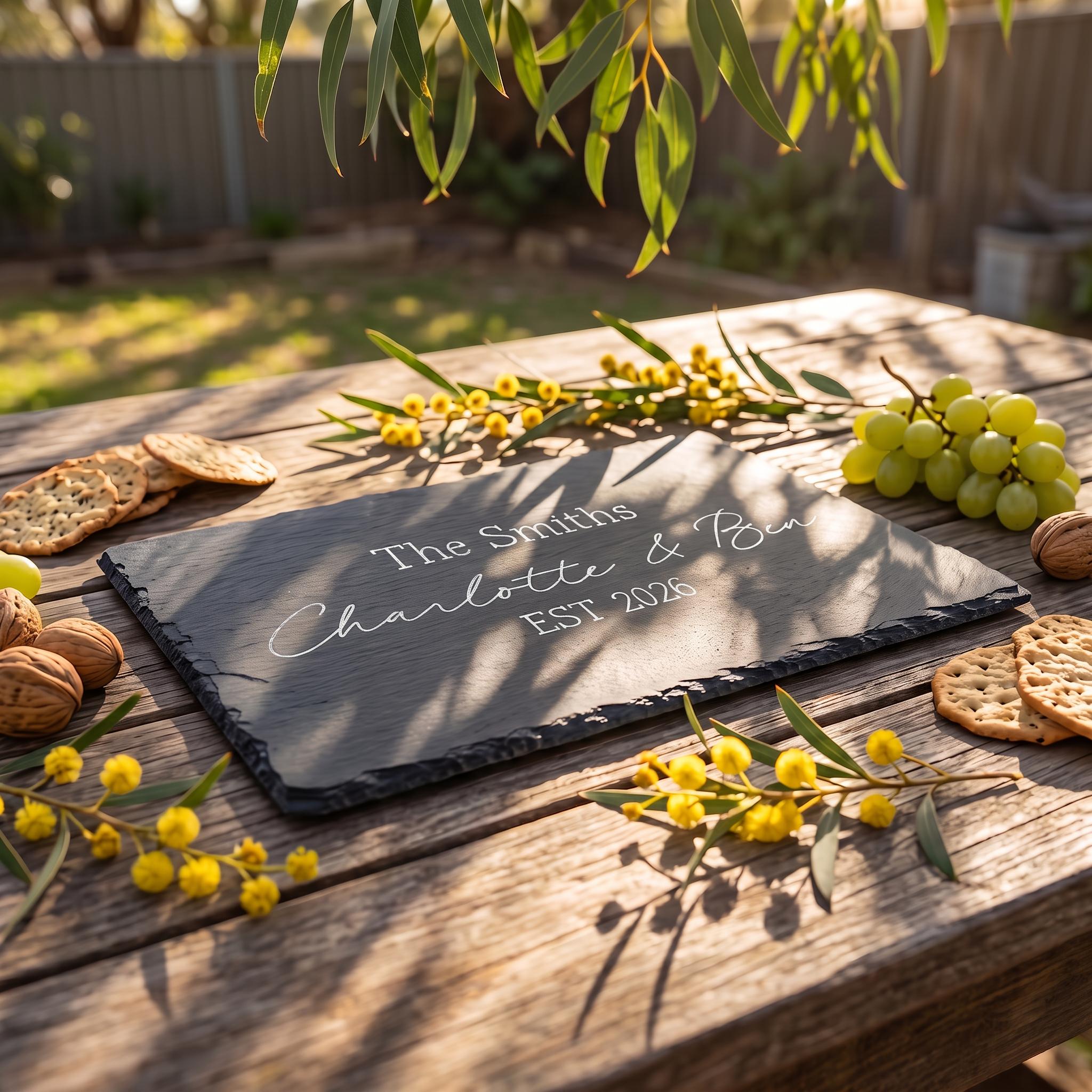 Bespoke engraved slate placemat showing The Smiths Charlotte and Ben EST 2026 on natural dark stone.