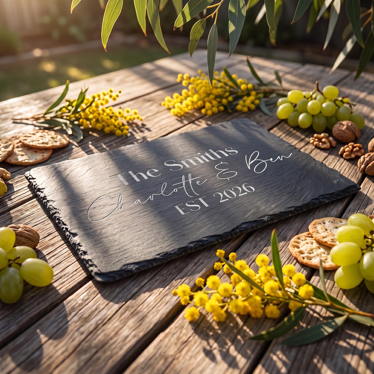 Bespoke engraved slate placemat showing The Smiths Charlotte and Ben EST 2026 on dark natural stone.