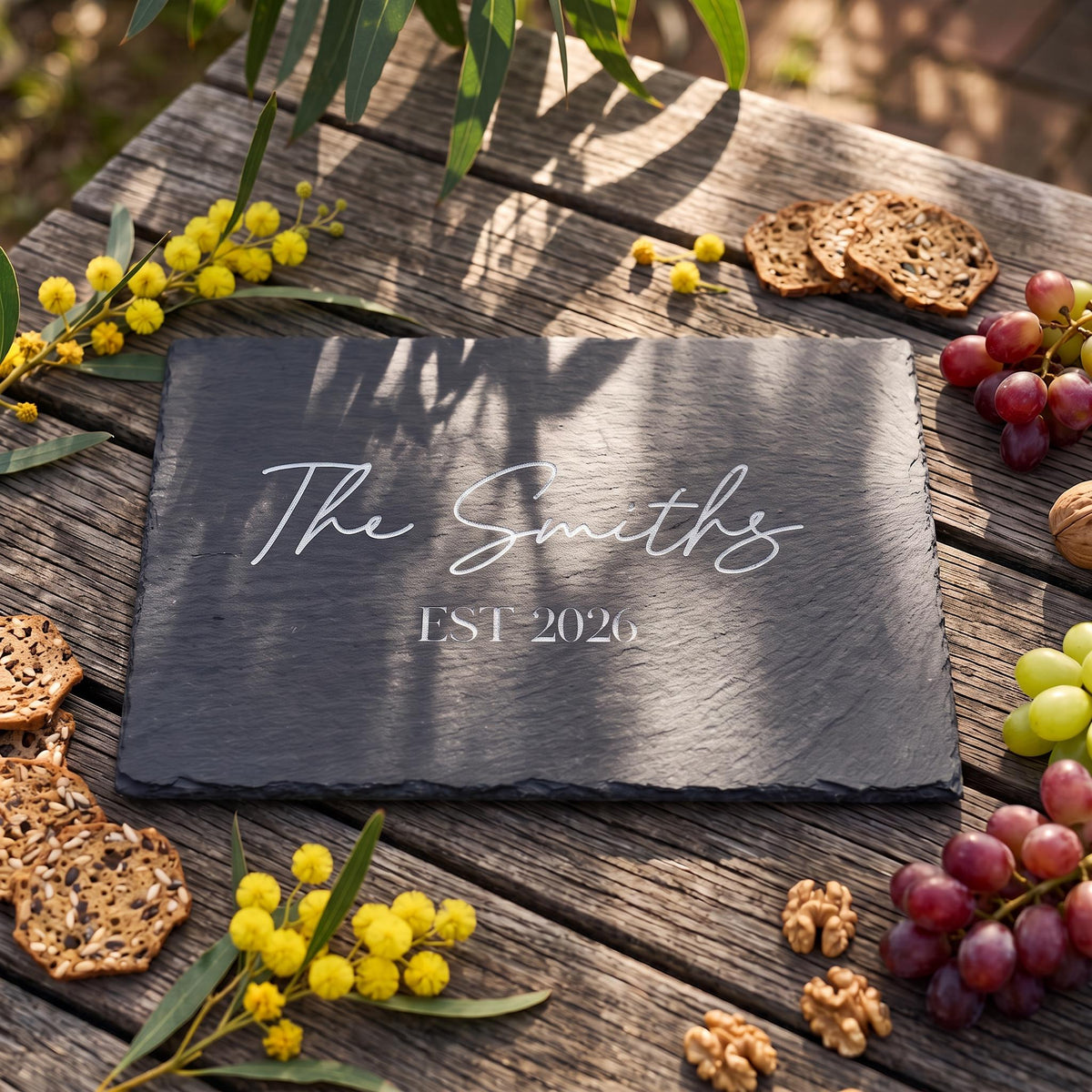 Custom slate cheese board engraved with The Smiths EST 2026 on rustic wood with native wattle blossoms.