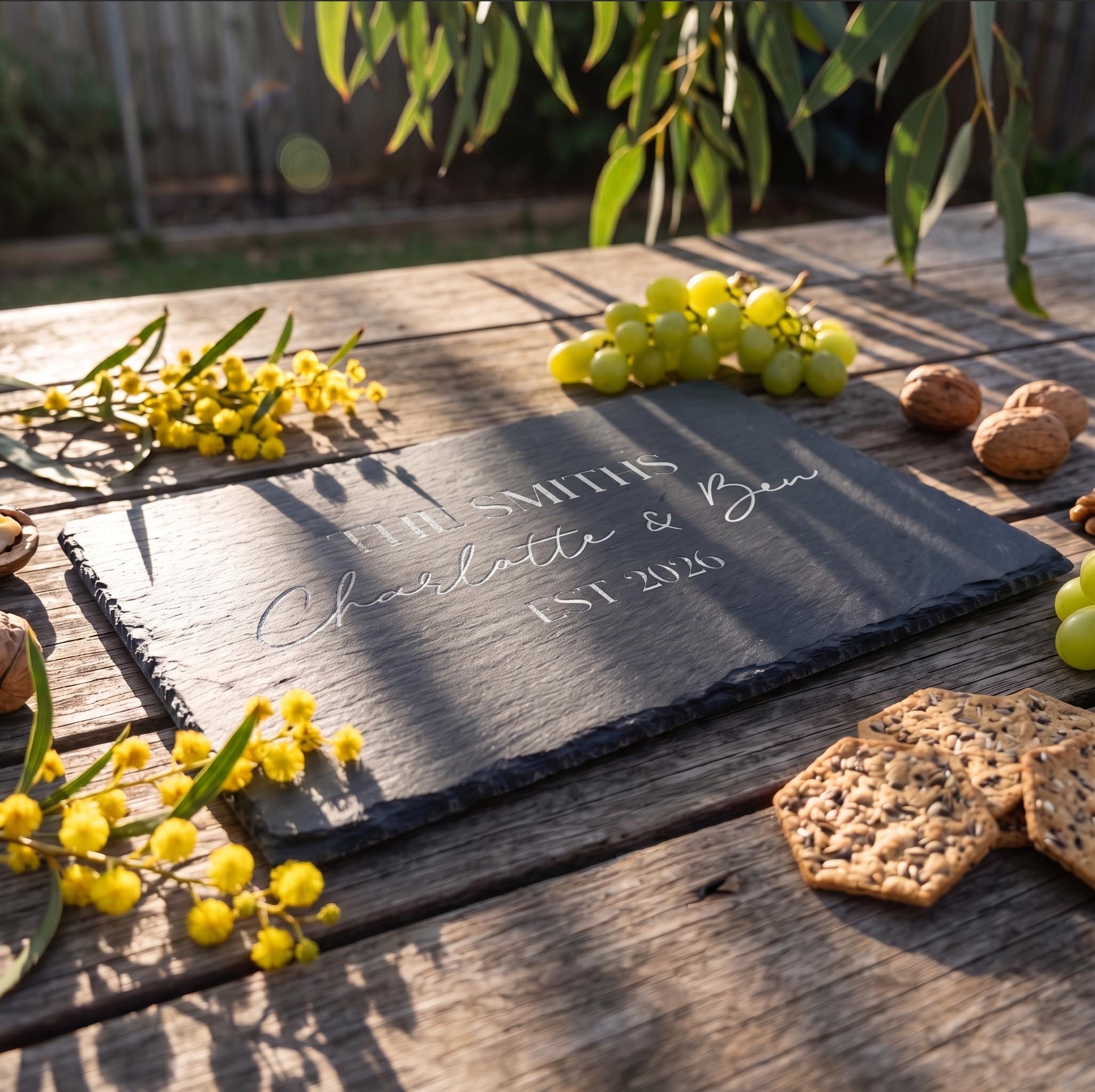 Bespoke engraved slate placemat showing THE SMITHS Charlotte and Ben EST 2026 on natural dark stone.