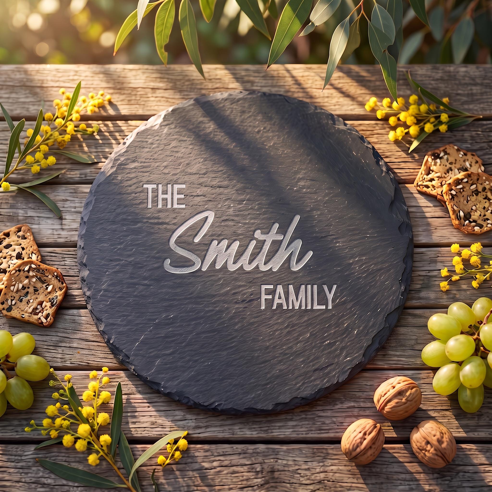 Personalised round slate cheese board engraved with The Smith Family styled with crackers and grapes on rustic wooden table.