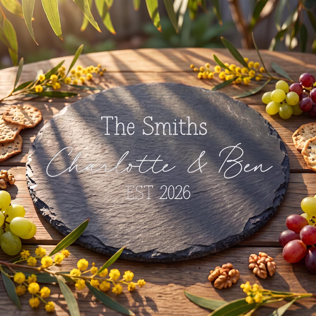 Bespoke engraved round slate board showing The Smiths Charlotte and Ben EST 2026 on natural dark stone.