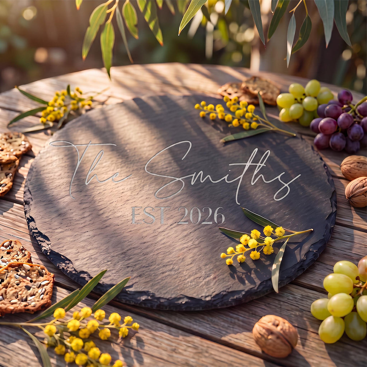 Custom circular slate serving platter engraved with The Smiths EST 2026 on wooden background with native wattle blossoms.
