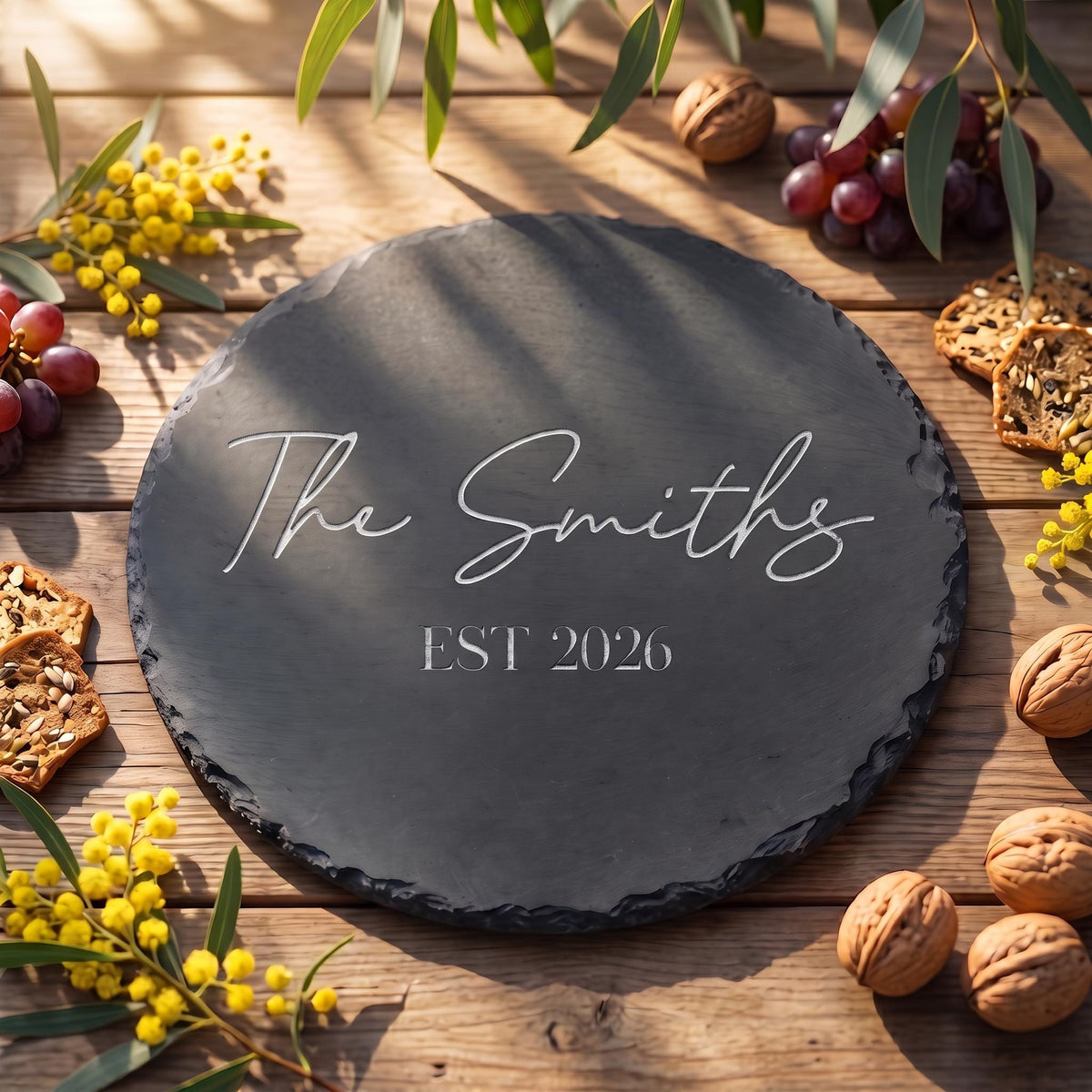 Custom circular slate serving platter engraved with The Smiths EST 2026 on rustic wood with native wattle blossoms.
