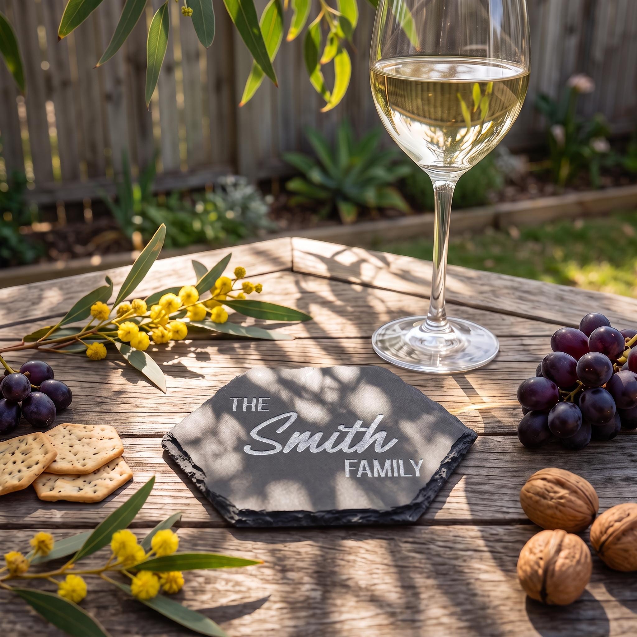 Personalised Hexagon Slate Coaster, Laser Engraved Family Name, Bespoke Gift