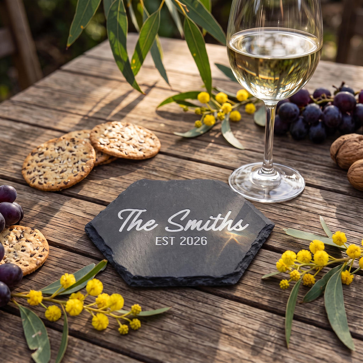 Personalised Hexagon Slate Coaster, Laser Engraved Family Name, Bespoke Gift