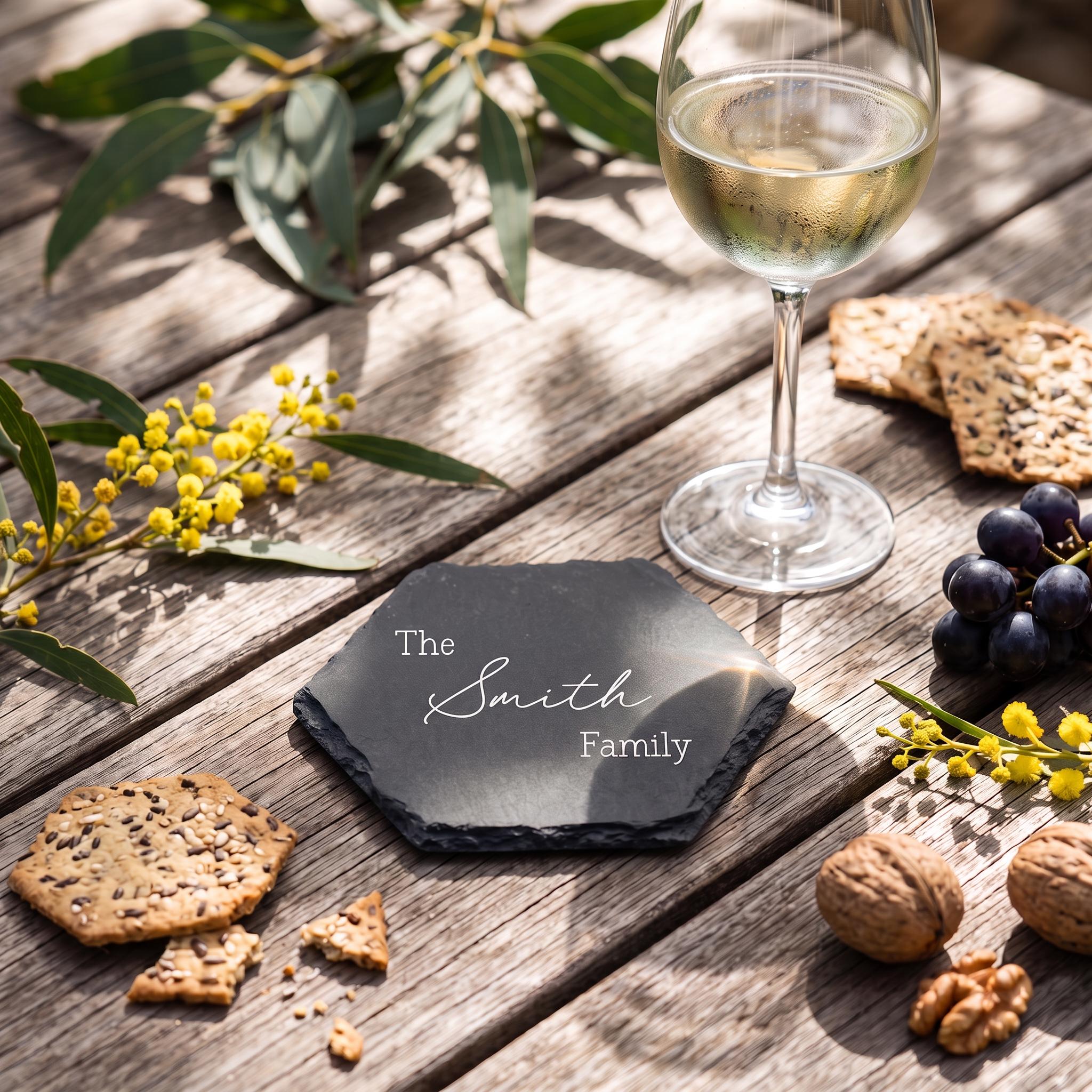 Personalised hexagon slate drinks coaster engraved with The Smith Family beside a wine glass on wooden outdoor table.
