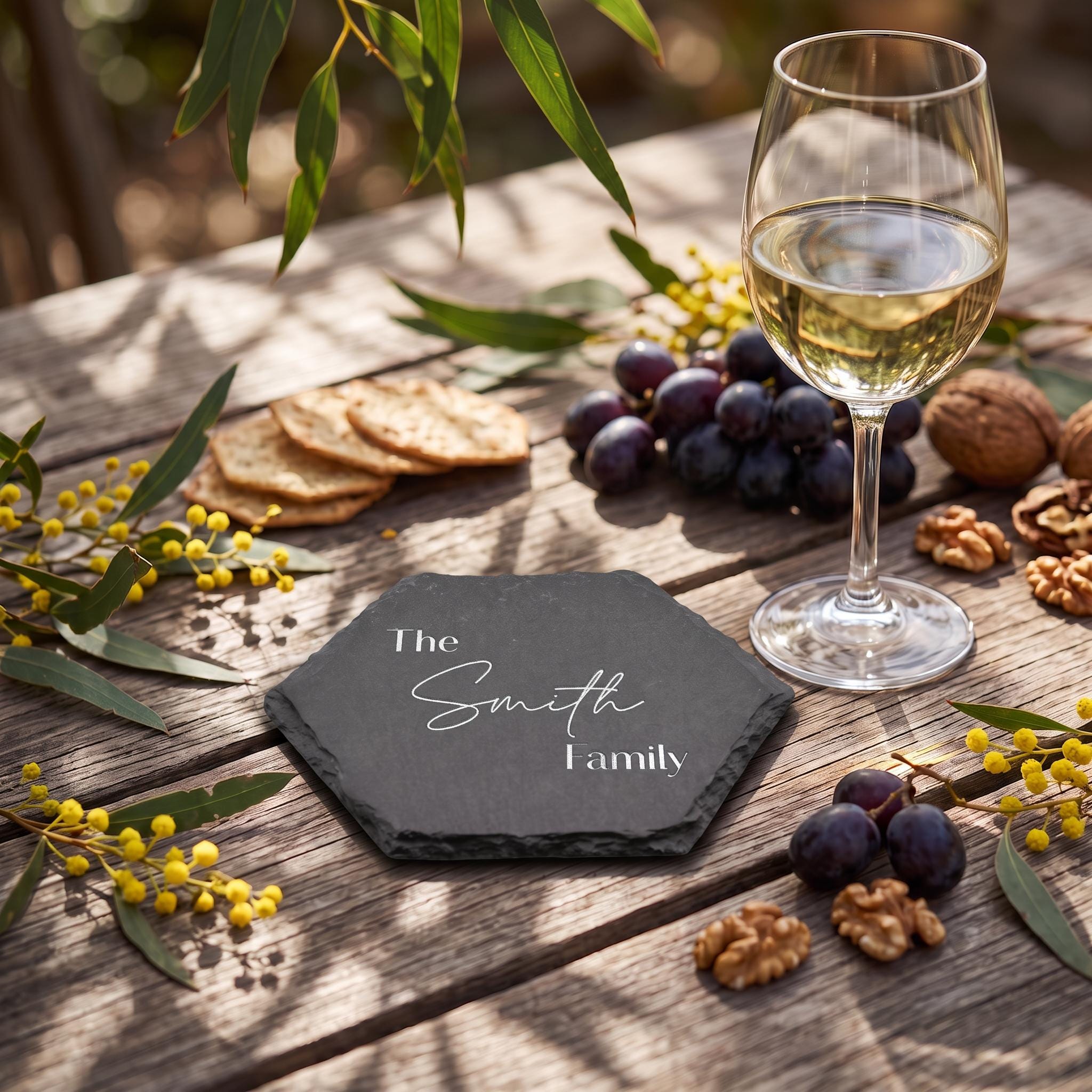 Personalised hexagon slate drinks coaster engraved with The Smith Family in modern sans and calligraphy script beside a wine glass on timber table.