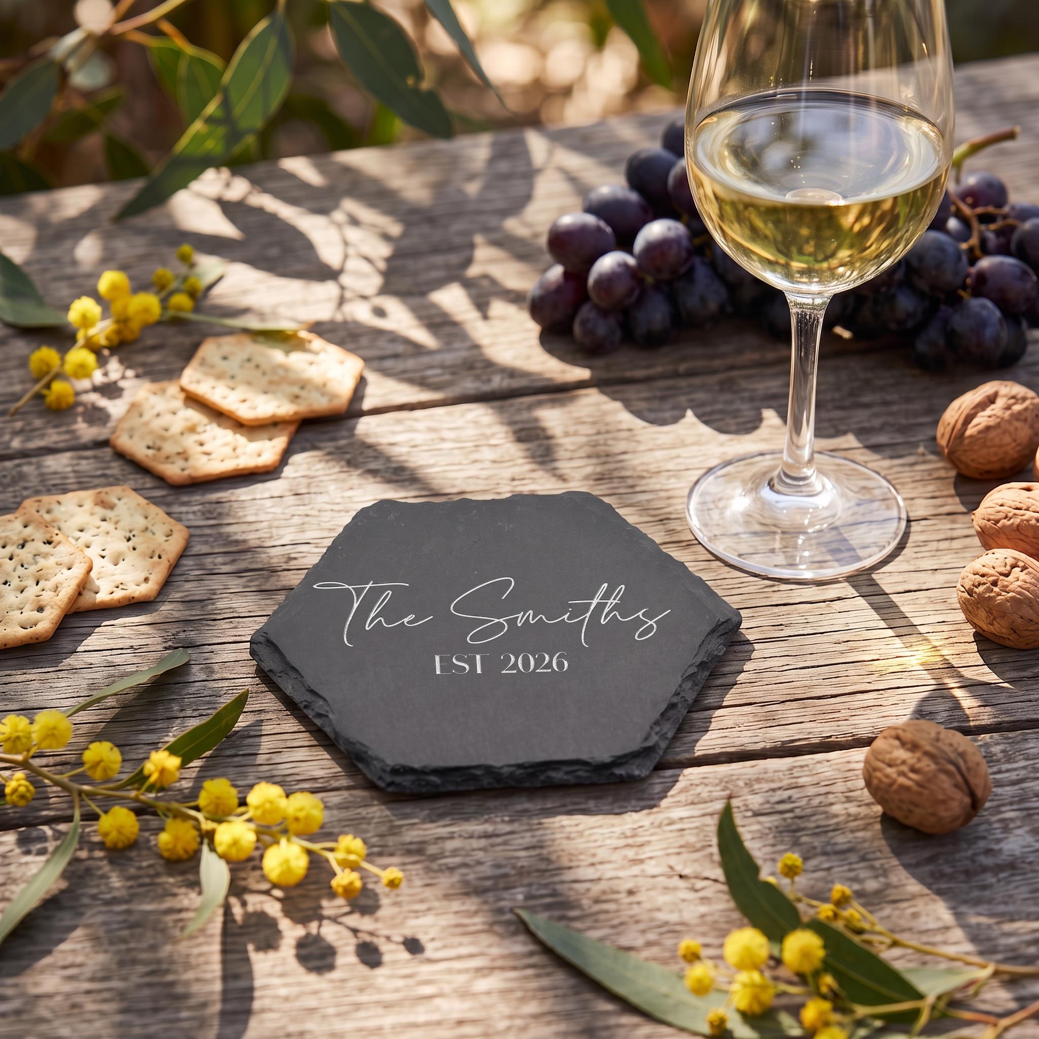 Custom slate coaster engraved with The Smiths EST 2026 styled on rustic wood with native wattle blossoms.