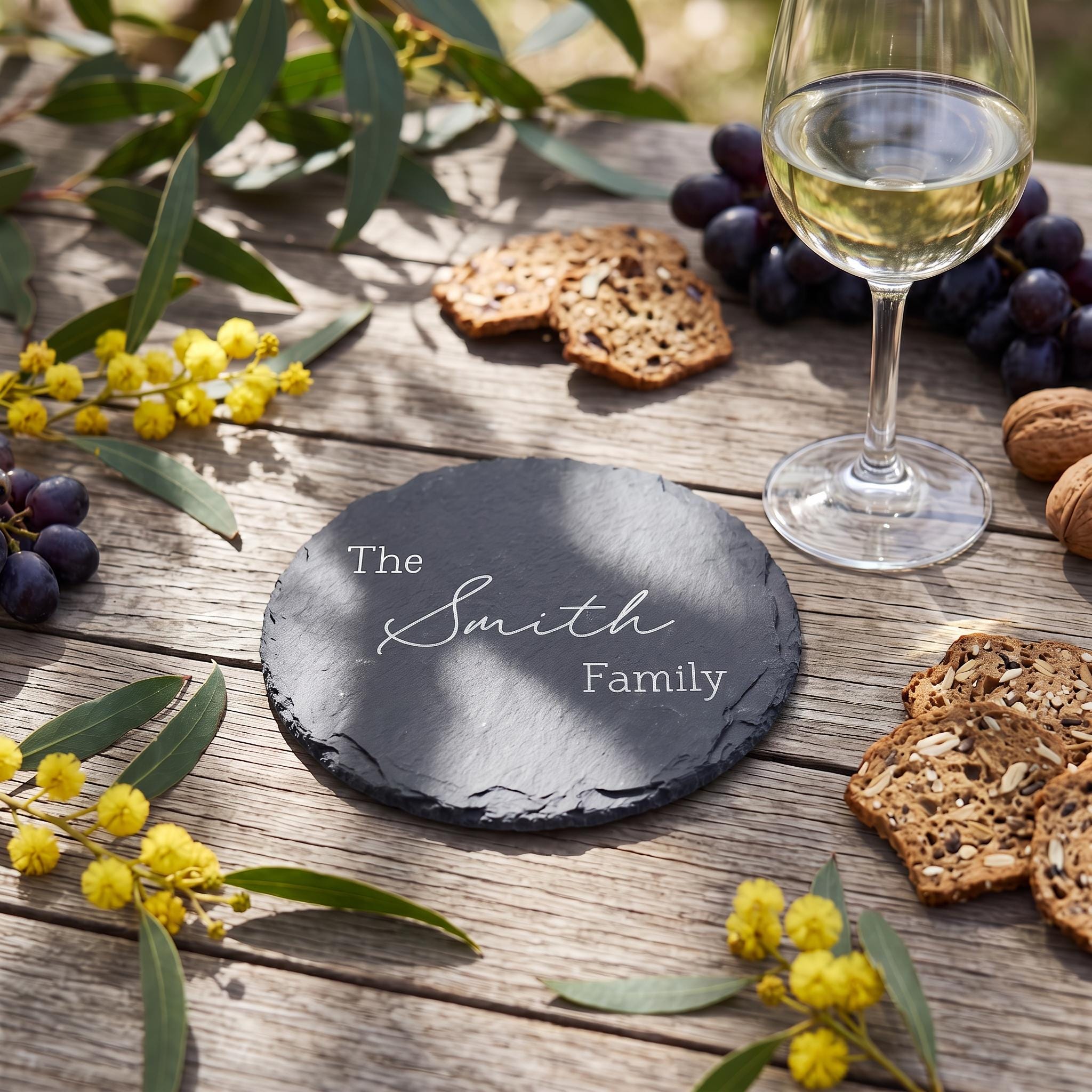 Personalised round slate drinks coaster engraved with The Smith Family in classic serif and script beside a wine glass on wooden outdoor table.