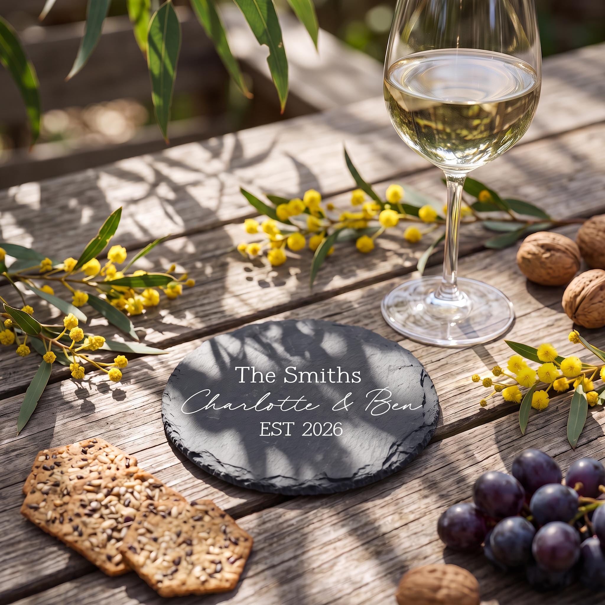 Bespoke engraved circular coaster showing The Smiths Charlotte and Ben EST 2026 on natural dark slate.