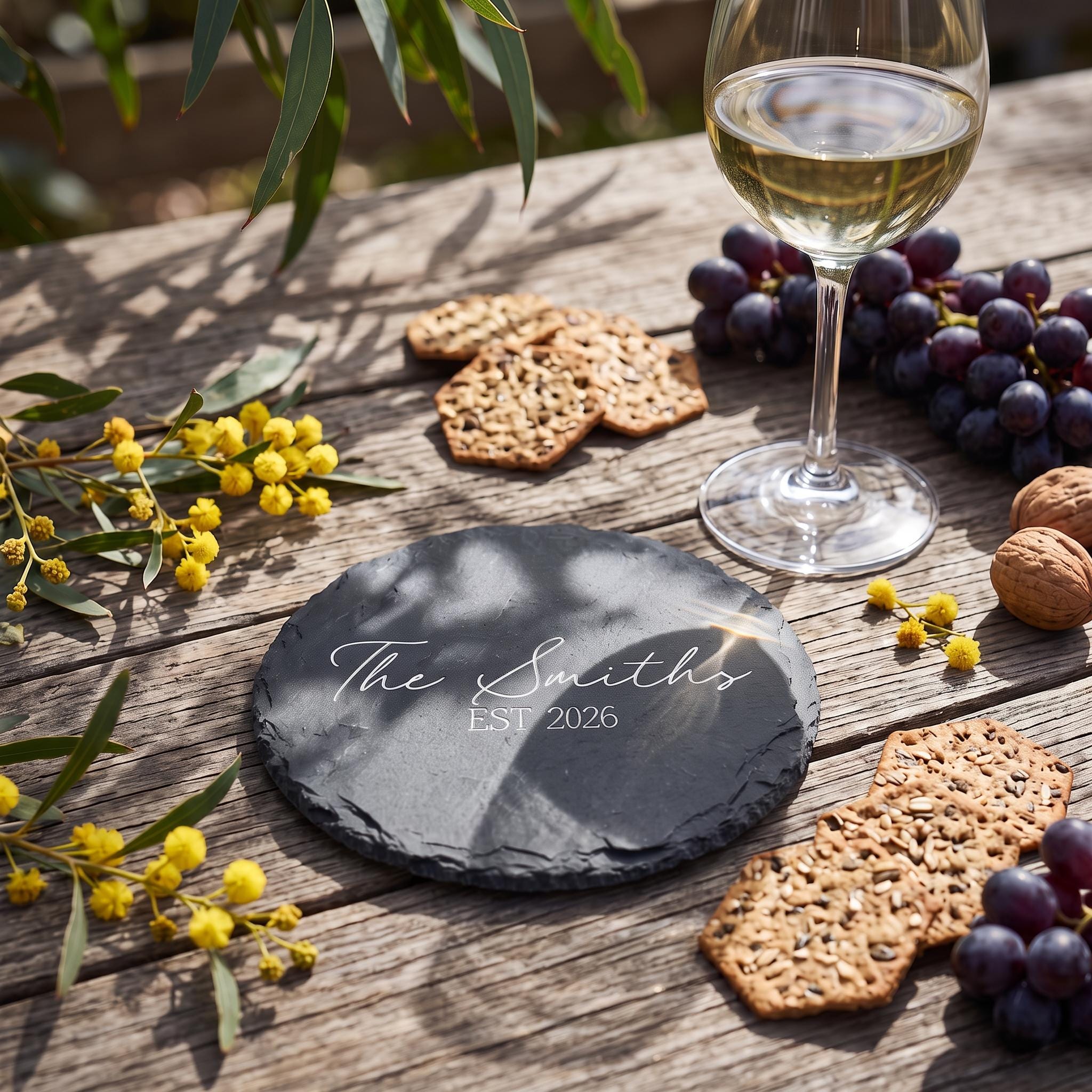 Custom slate coaster engraved with The Smiths EST 2026 styled on rustic wood with native wattle blossoms.
