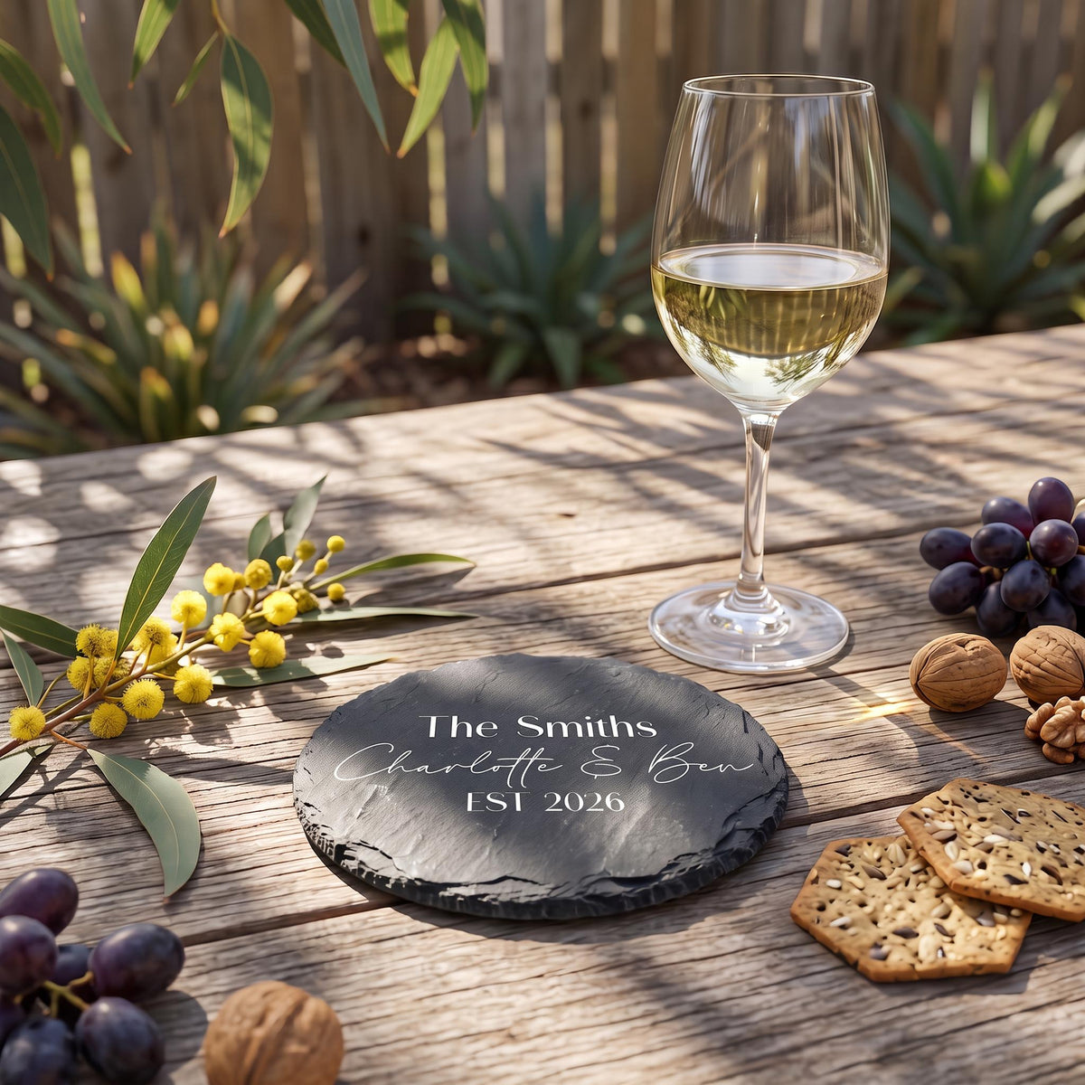 Bespoke engraved circular coaster showing The Smiths Charlotte and Ben EST 2026 on natural dark slate.