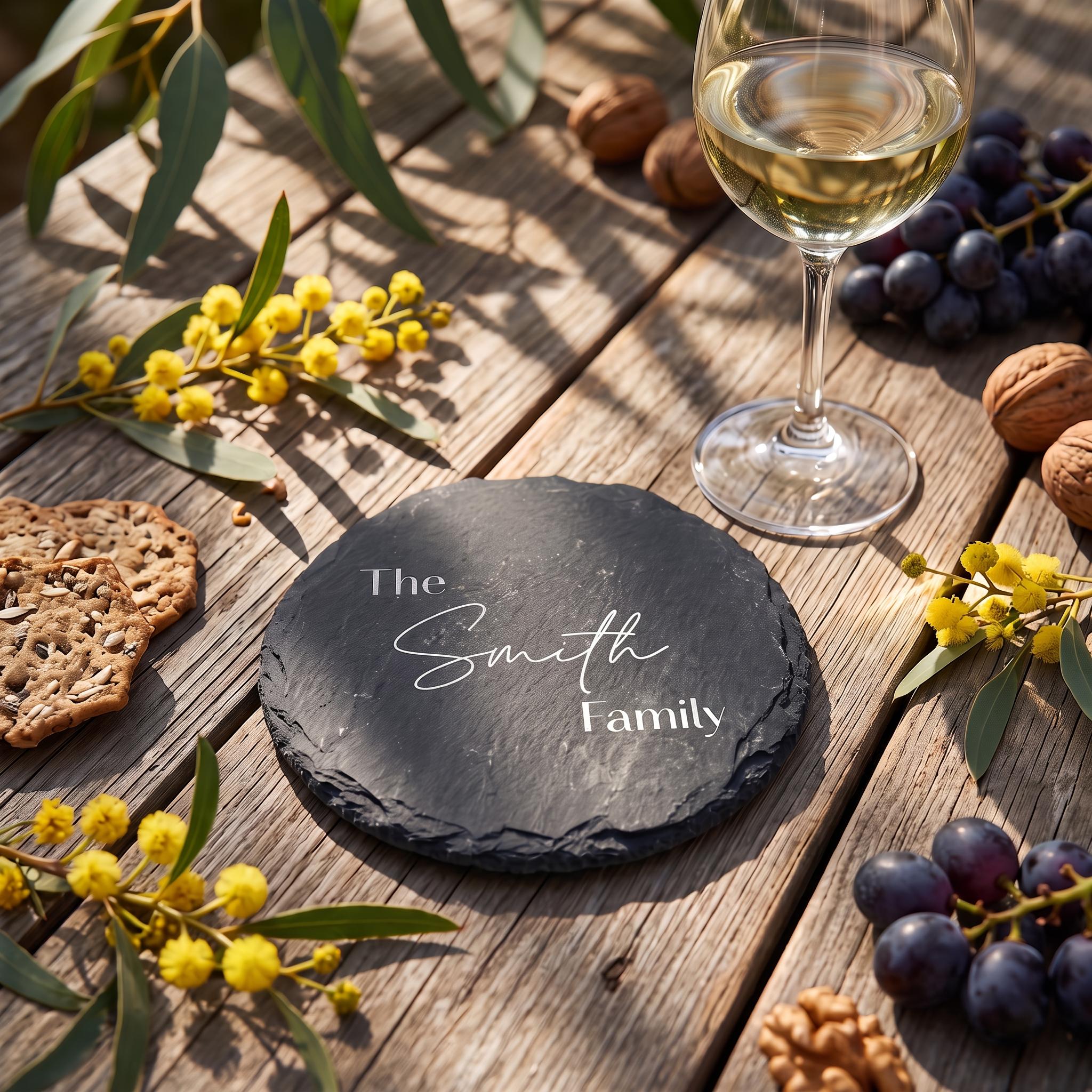 Personalised round slate drinks coaster engraved with The Smith Family in modern sans and calligraphy script beside a wine glass on timber table.