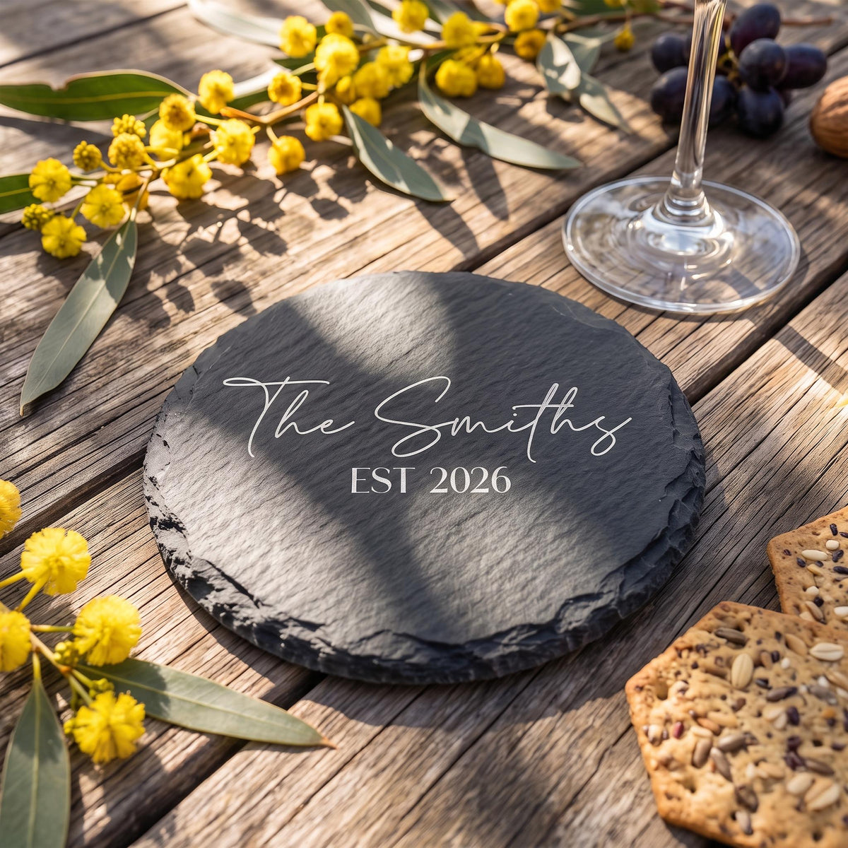Custom slate coaster engraved with The Smiths EST 2026 styled on rustic wood with native wattle blossoms.