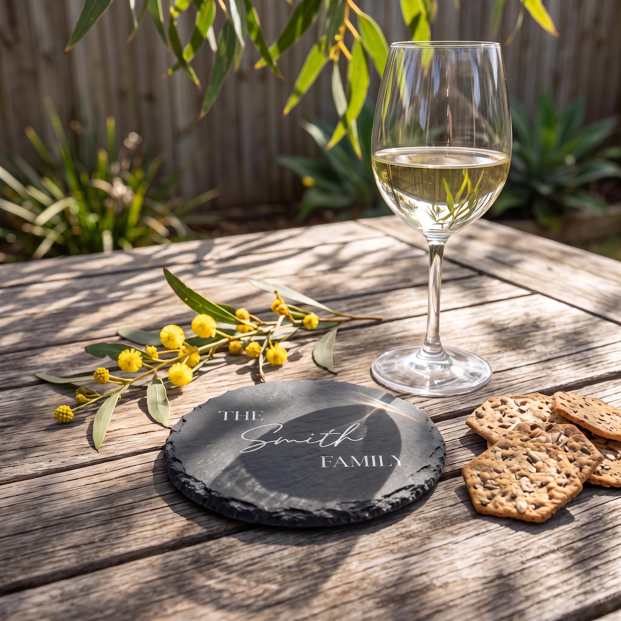 Personalised round slate drinks coaster engraved with THE Smith FAMILY in all caps serif and delicate script beside a wine glass on timber table.