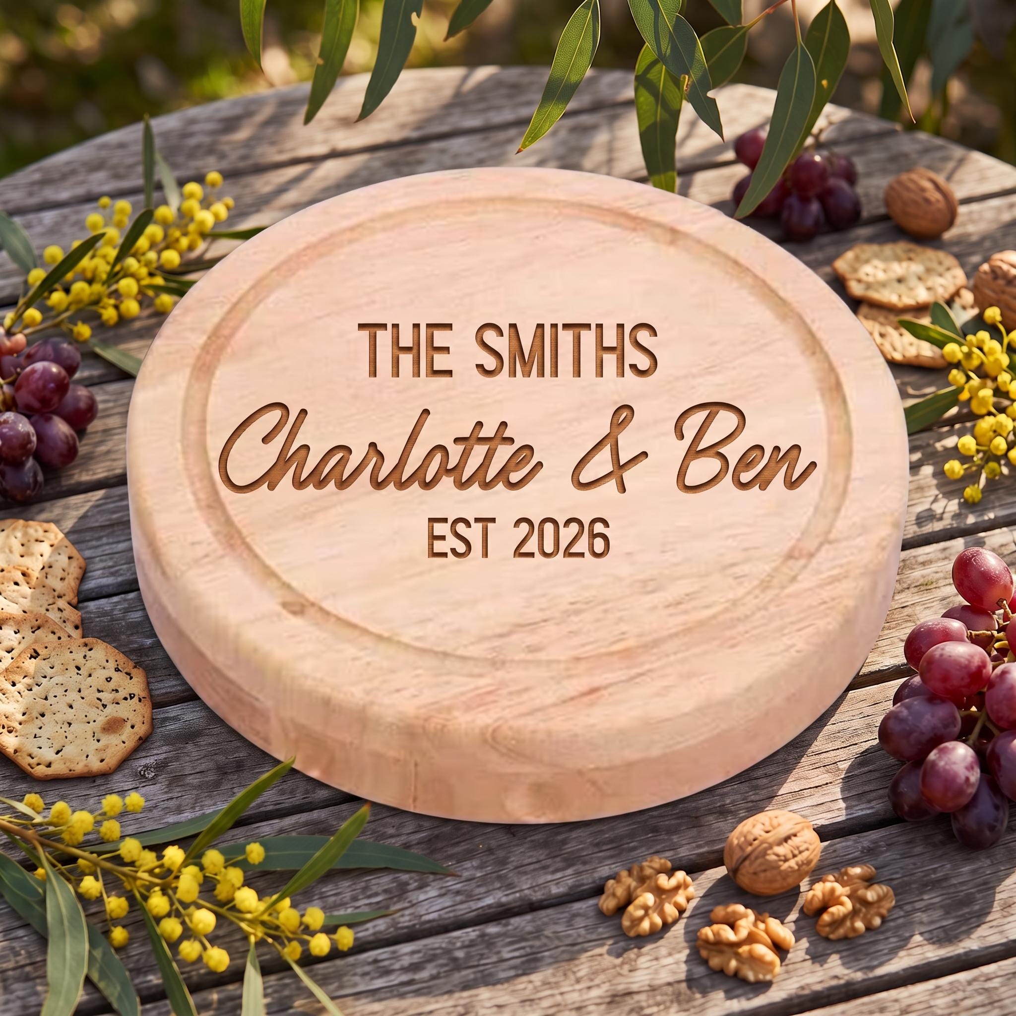 Detail of round engraved cheese cutting platter with custom text reading The Smiths Charlotte and Ben EST 2026 on weathered timber.