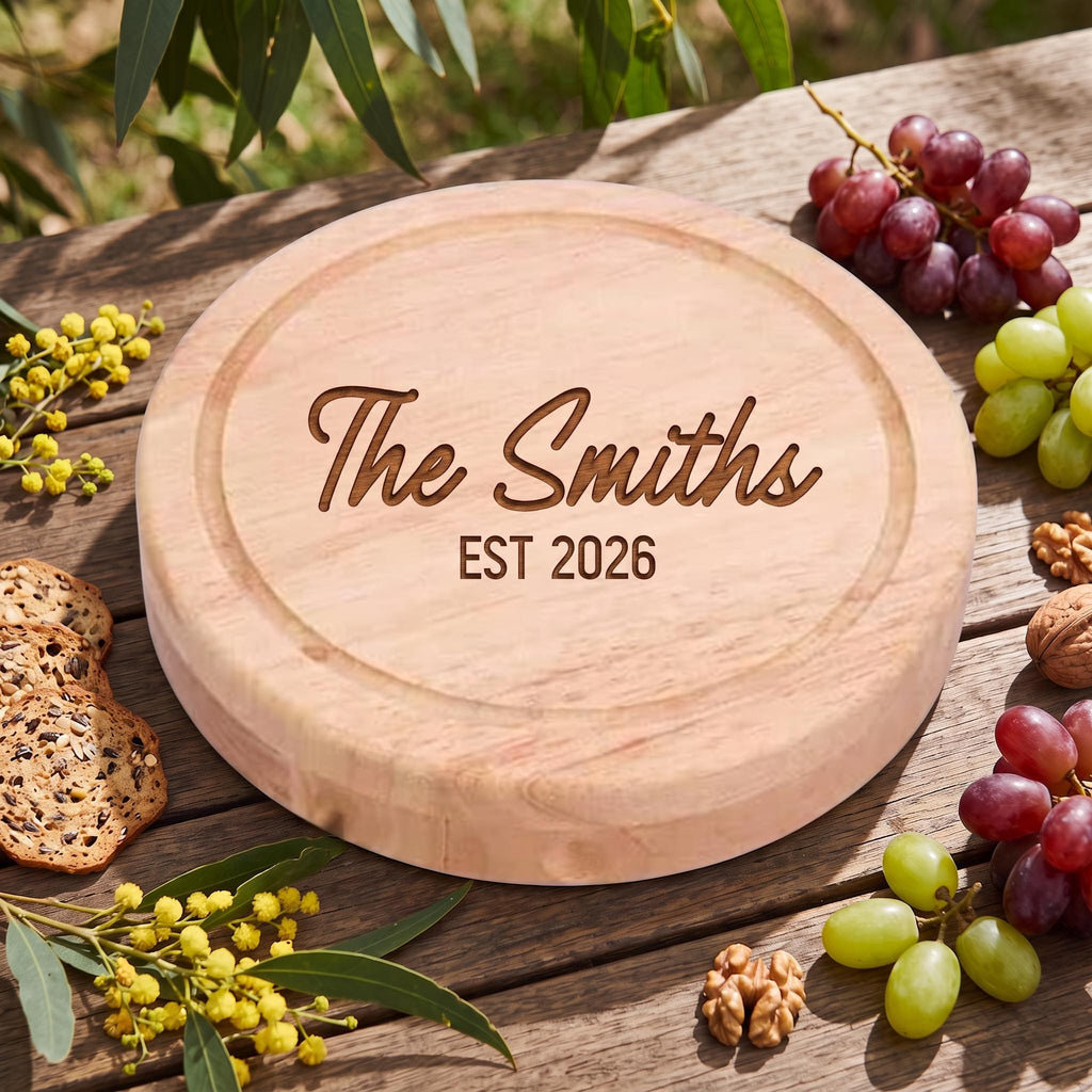 Personalised laser engraved timber cheese board featuring The Smiths EST 2026 on a rustic wooden outdoor tabletop with fresh fruit and crackers.