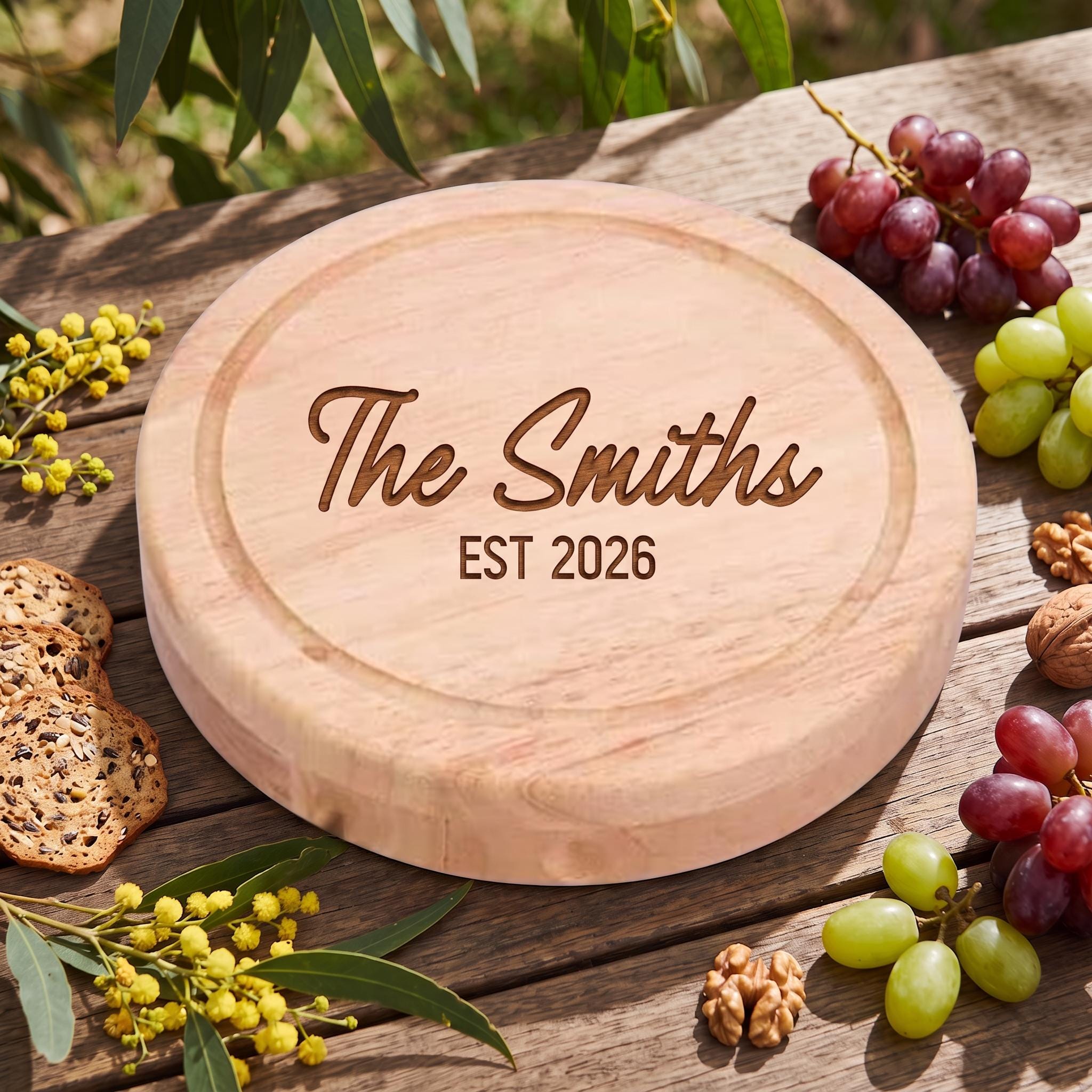 Personalised laser engraved timber cheese board featuring The Smiths EST 2026 on a rustic wooden outdoor tabletop with fresh fruit and crackers.