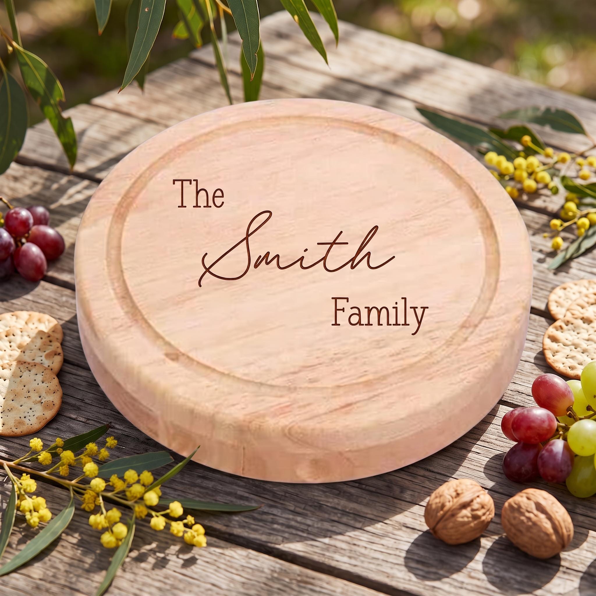 Overhead view of engraved round cheese board personalised with The Smith Family in handwritten font styling on a rustic wooden table with native greenery.