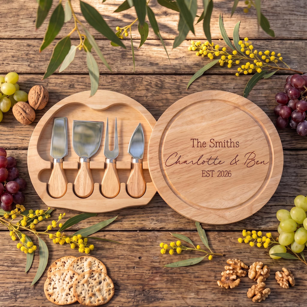 Custom engraved round rubberwood cheese board swiveled open on a rustic timber table showing four cheese knives inside, styled with Australian wattle and eucalyptus.