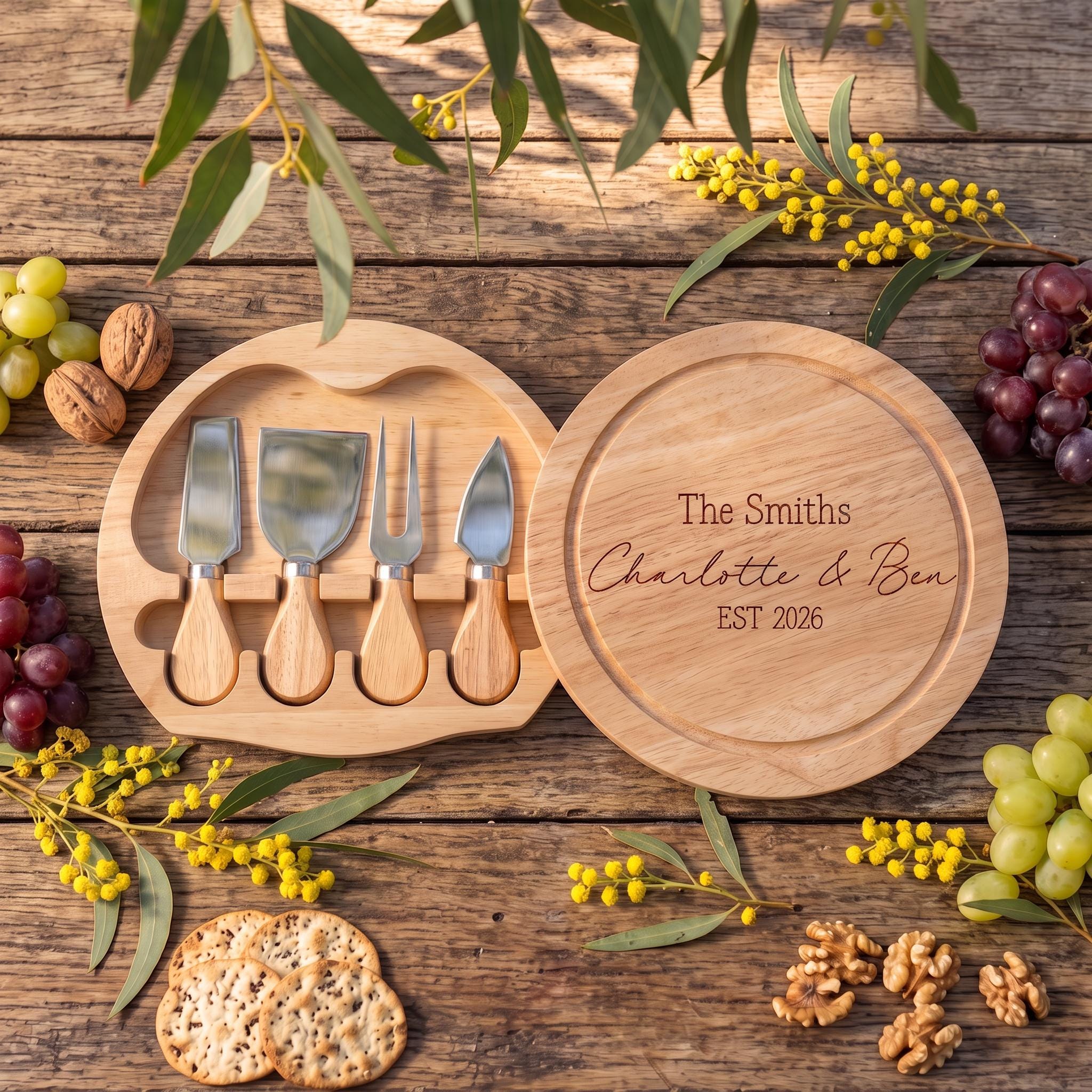 Custom engraved round rubberwood cheese board swiveled open on a rustic timber table showing four cheese knives inside, styled with Australian wattle and eucalyptus.